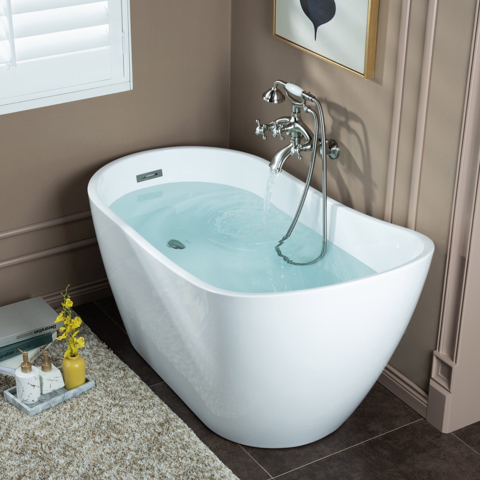 WOODBRIDGE Wall Mount Adjustable Centers Bathtub Faucet with 3 Metal Cross Handles and Telephone Style Hand Shower, F003