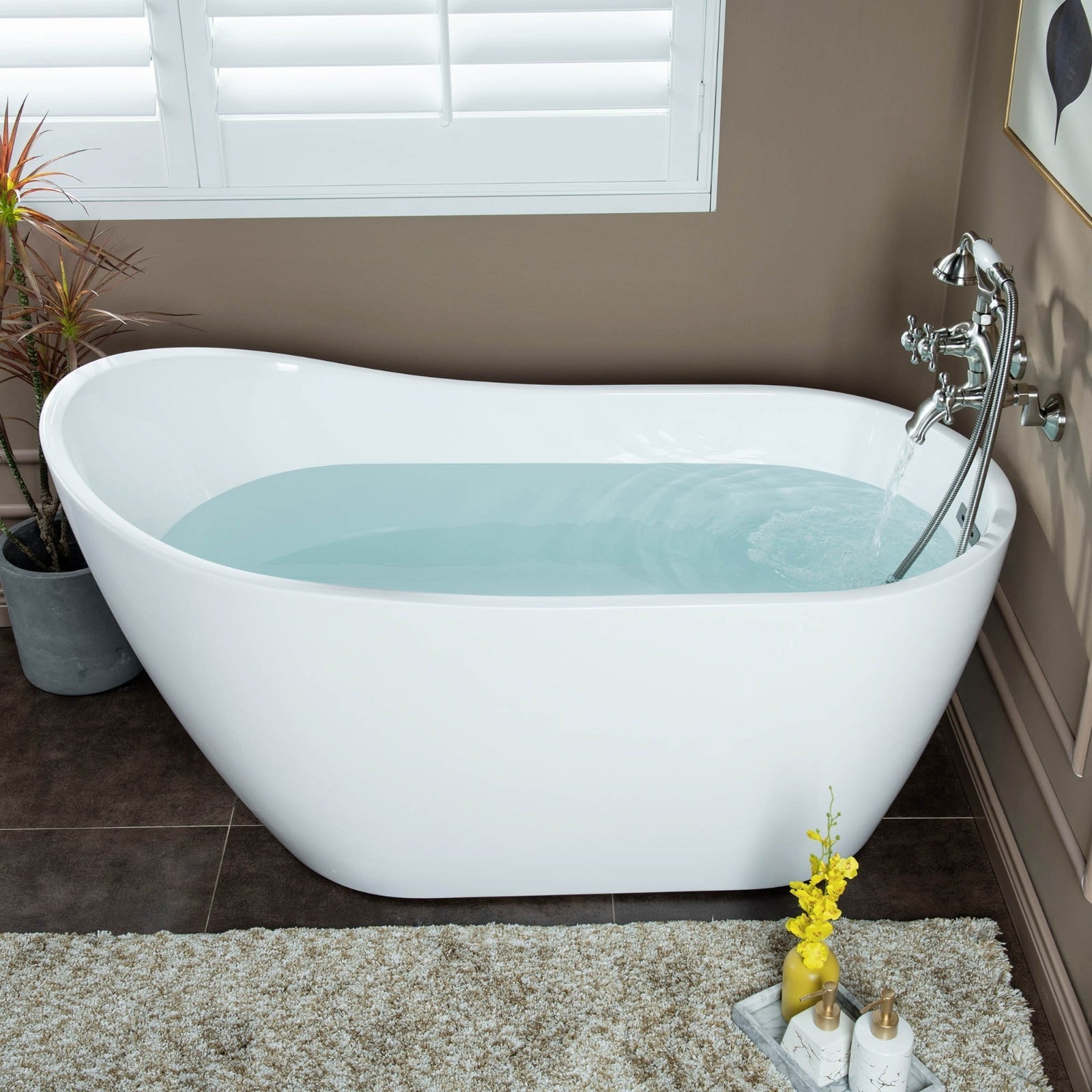 WOODBRIDGE Wall Mount Adjustable Centers Bathtub Faucet with 3 Metal Cross Handles and Telephone Style Hand Shower, F003
