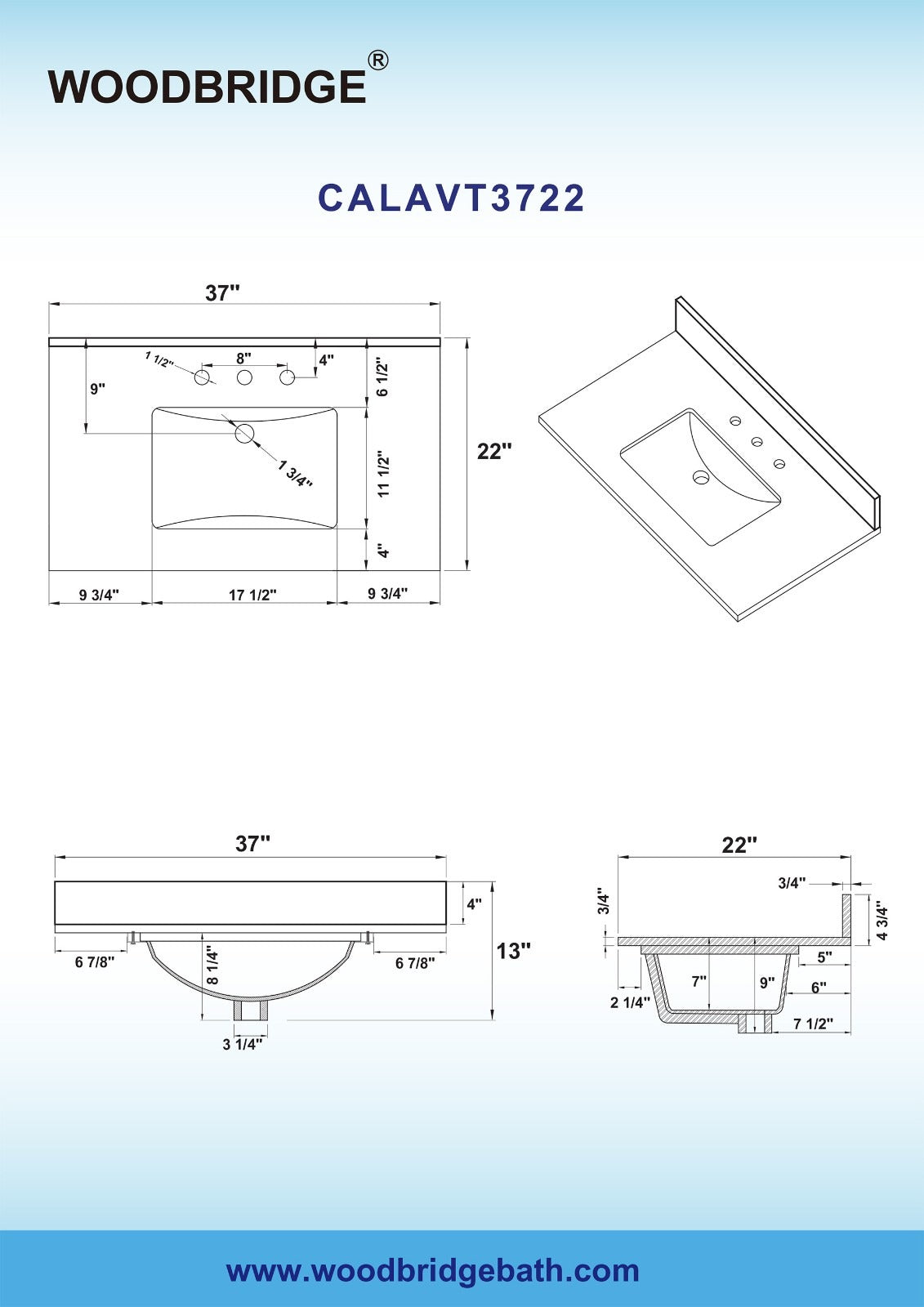 WOODBRIDGE 37" x22" Vanity Top with Single Under Mount Rectangle Bowl, CALAVT3722-8