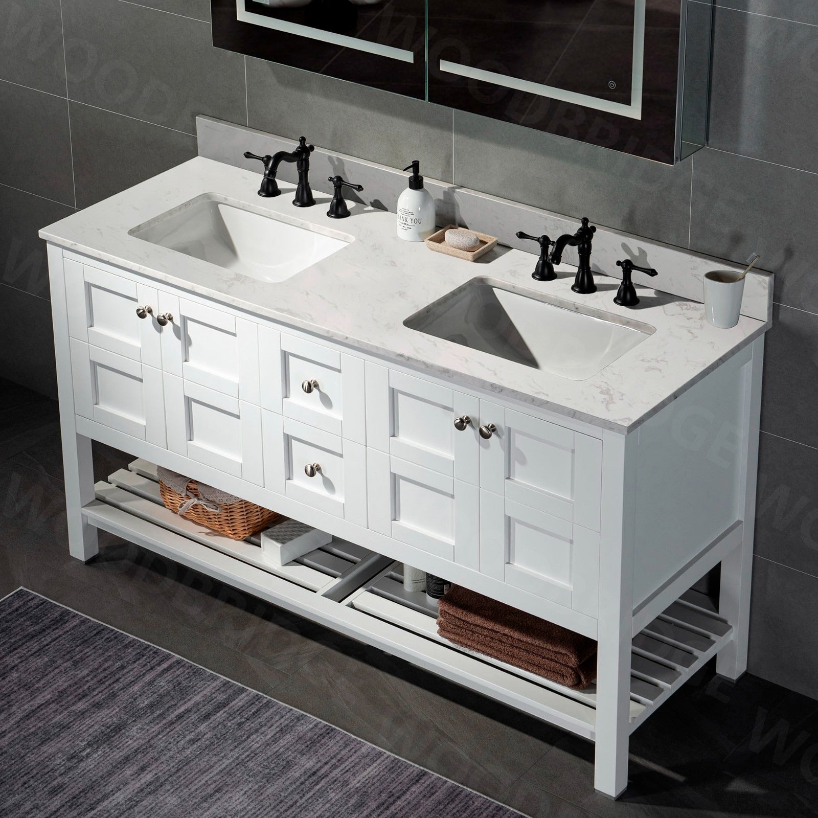WOODBRIDGE 61" x 22" Vanity Top with Double Under Mount Rectangle Bowls, CALAVT6122D-8