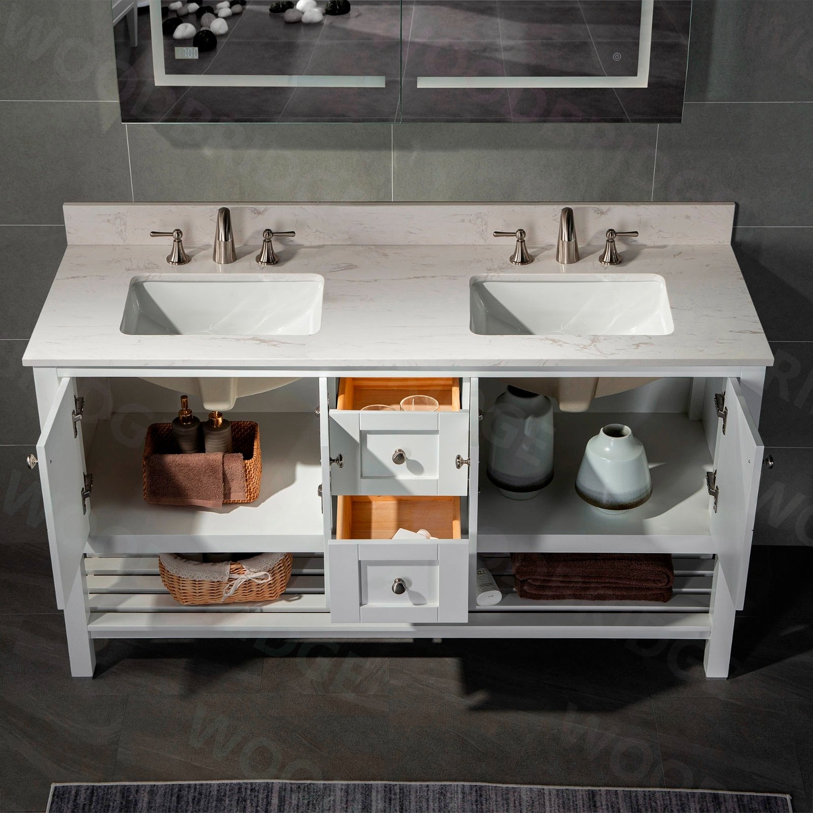 WOODBRIDGE 61" x 22" Vanity Top with Double Under Mount Rectangle Bowls, CALAVT6122D-8