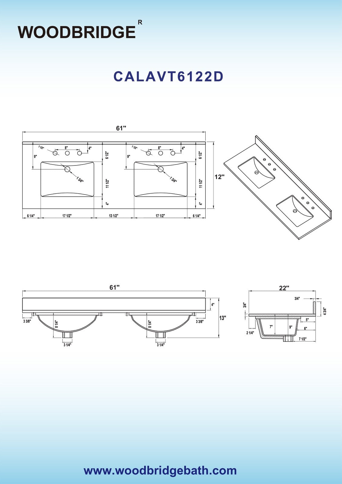 WOODBRIDGE 61" x 22" Vanity Top with Double Under Mount Rectangle Bowls, CALAVT6122D-8