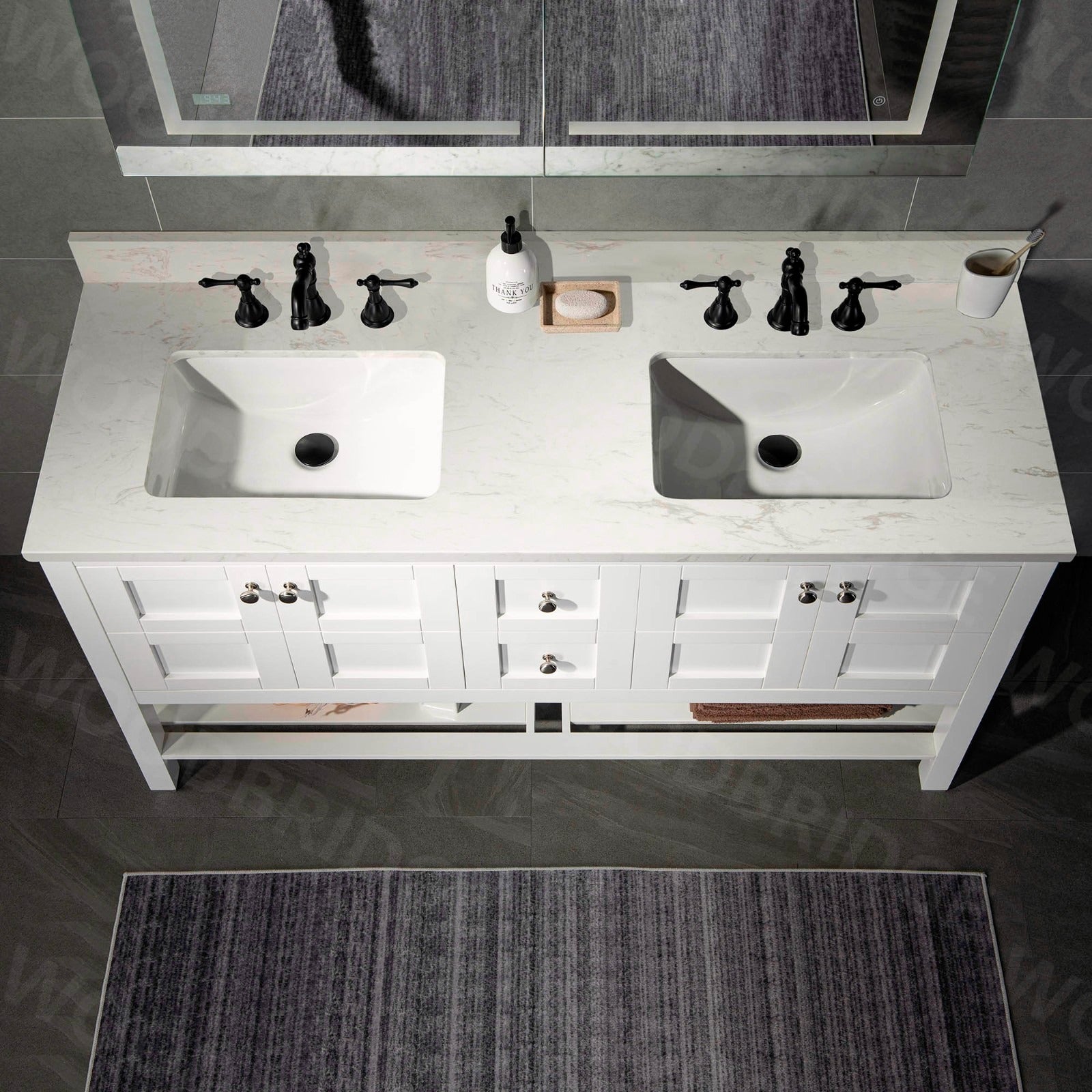 WOODBRIDGE 61" x 22" Vanity Top with Double Under Mount Rectangle Bowls, CALAVT6122D-8