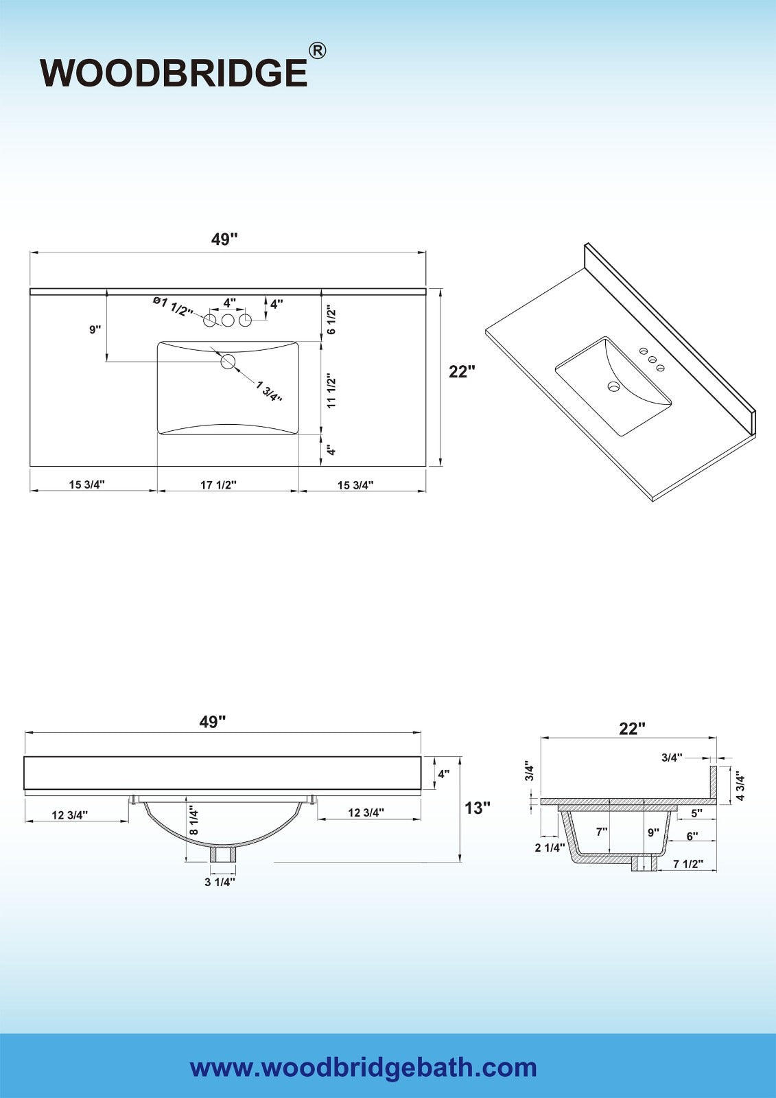 WOODBRIDGE 49"x22" Vanity Top with Single Under Mount Rectangle Bowl, FBVT4922-4