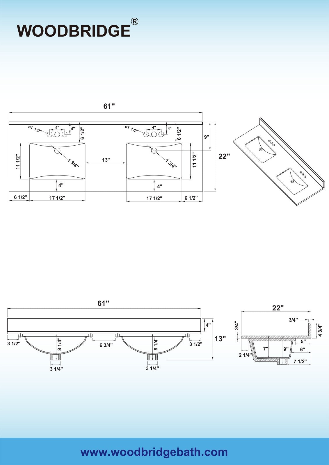 WOODBRIDGE 61" x 22" Vanity Top with Double Under Mount Rectangle Bowls, FBVT6122D-4