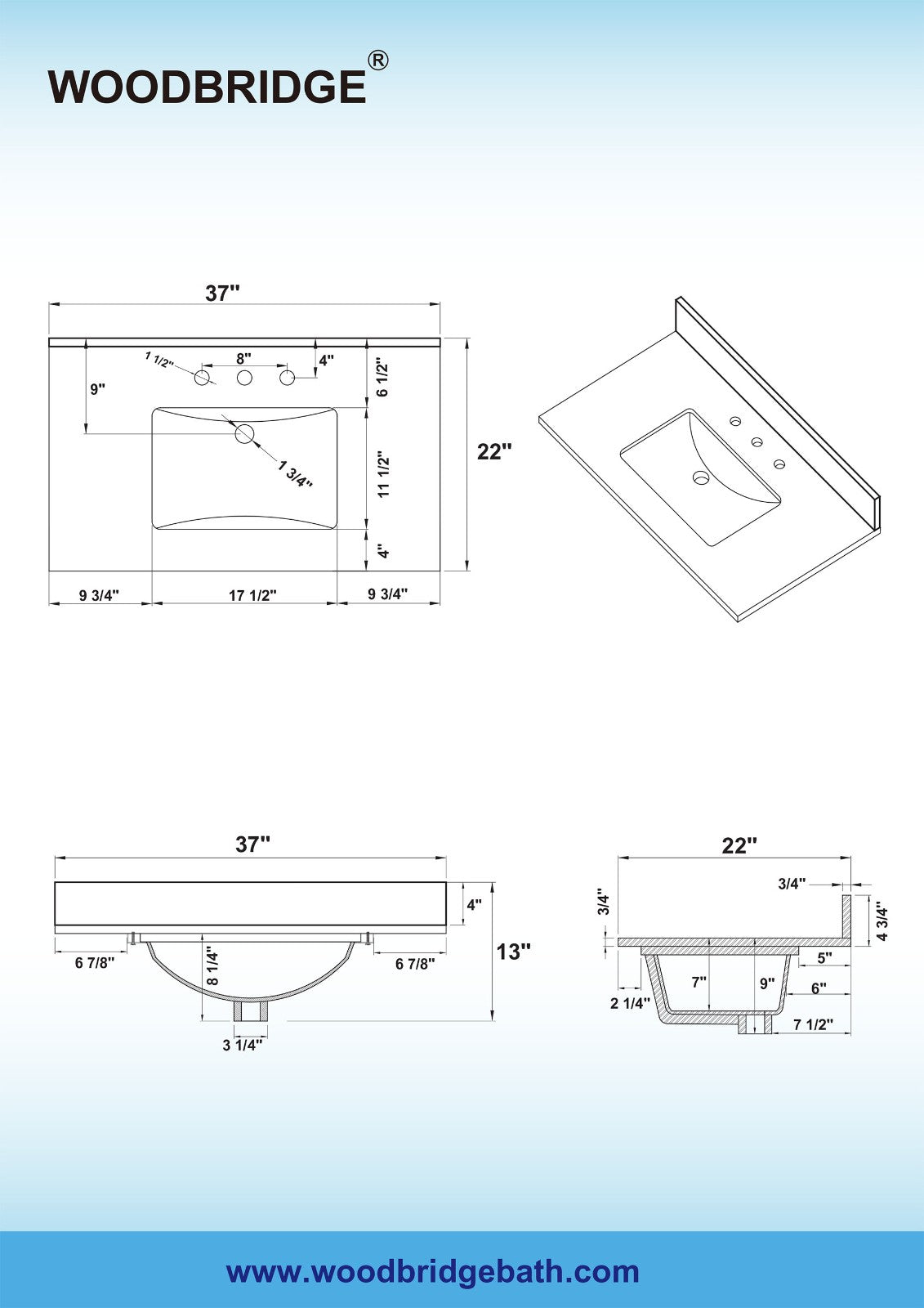 WOODBRIDGE 37" x22" Vanity Top with Single Under Mount Rectangle Bowl, Dark Gray Engineered stone, Pre-drilled with 3-hole for 8-inch Widespread Faucet set up Option