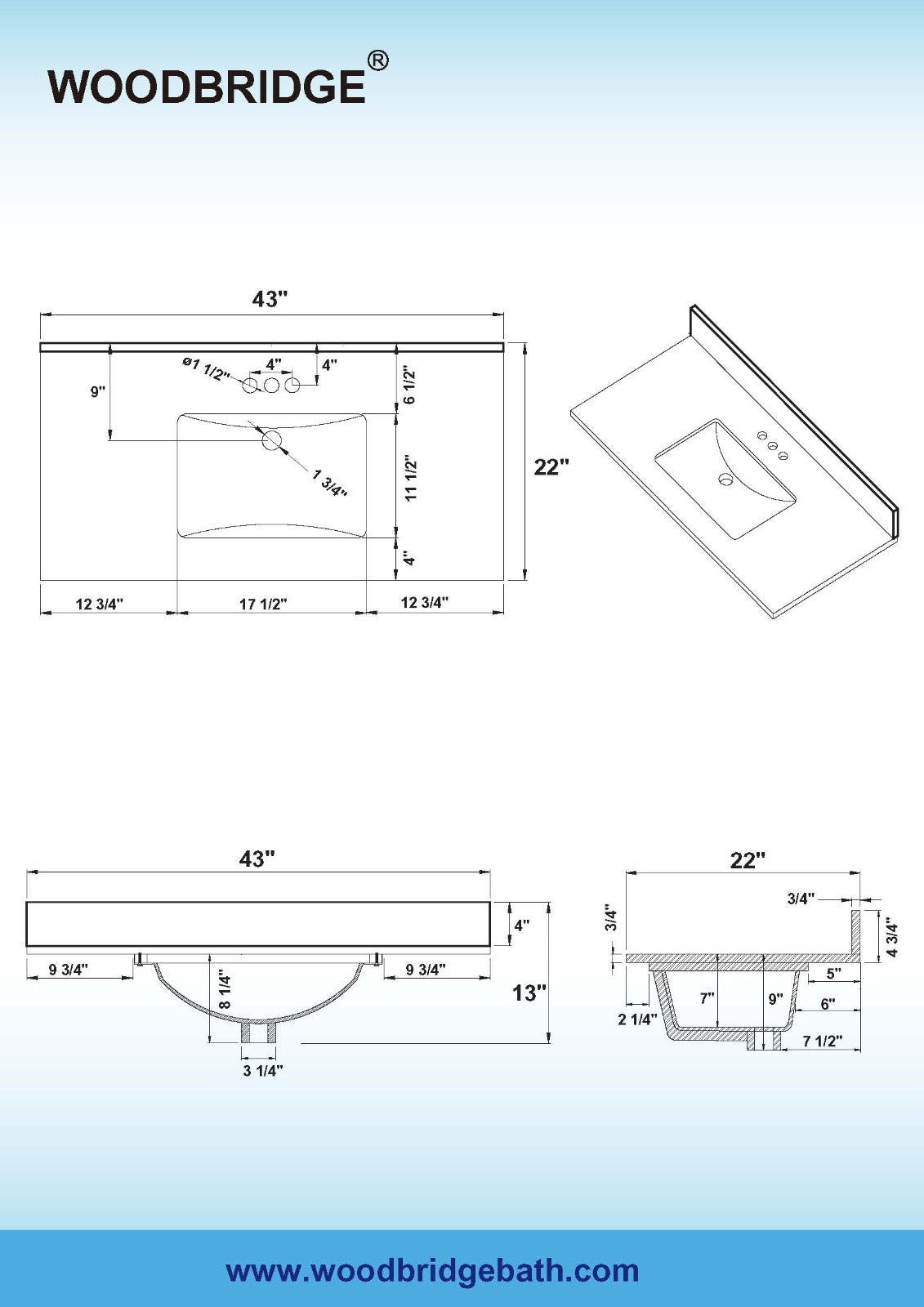 WOODBRIDGE 43" x22" Vanity Top with Single Under Mount Rectangle Bowl, DGVT4322-4