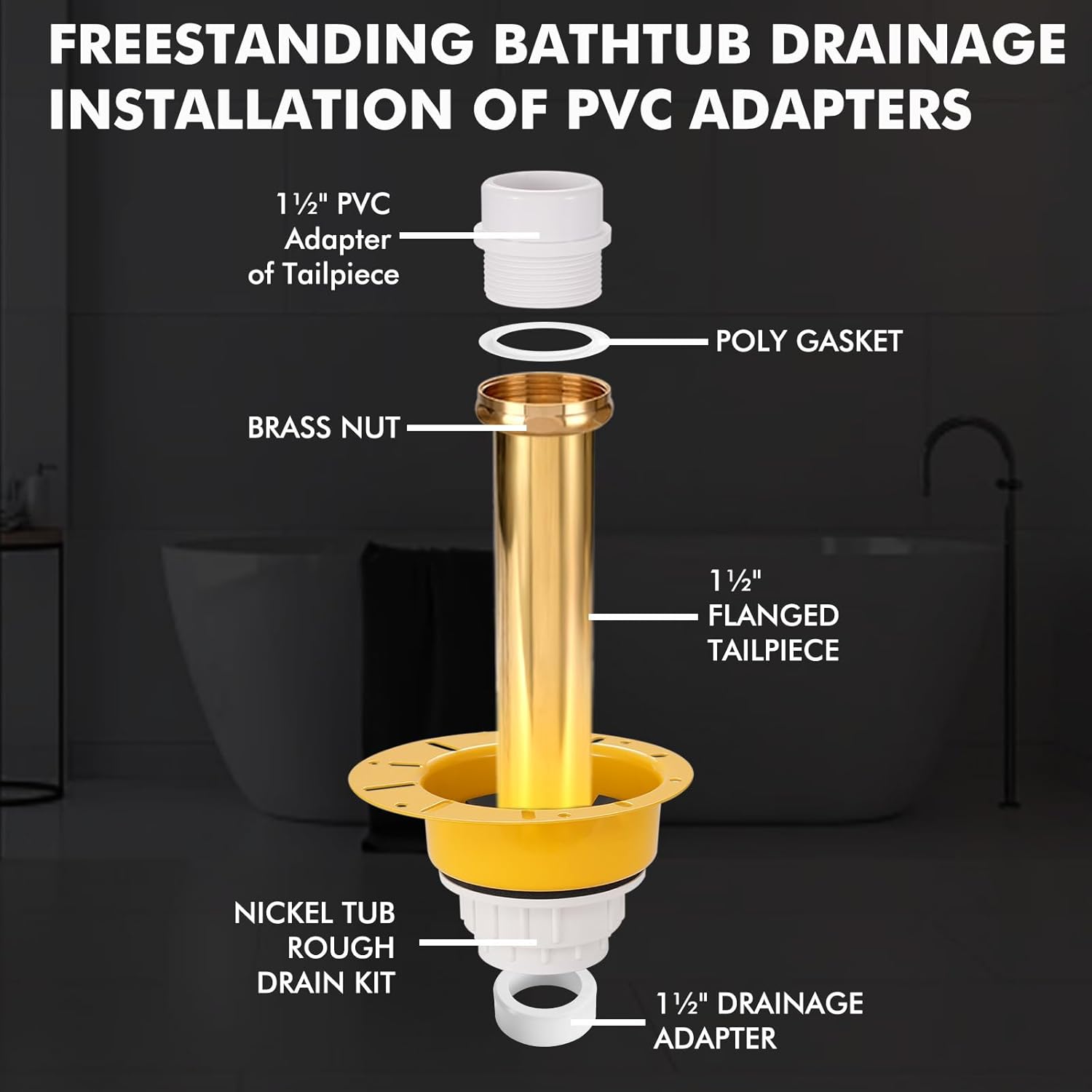 Freestanding Tub Drain Rough‑In Kit – Bathtub Drain Kit with PVC Adapter and Brass Tail Pipes, Compatible with Freestanding and Floor‑Mounted Tub