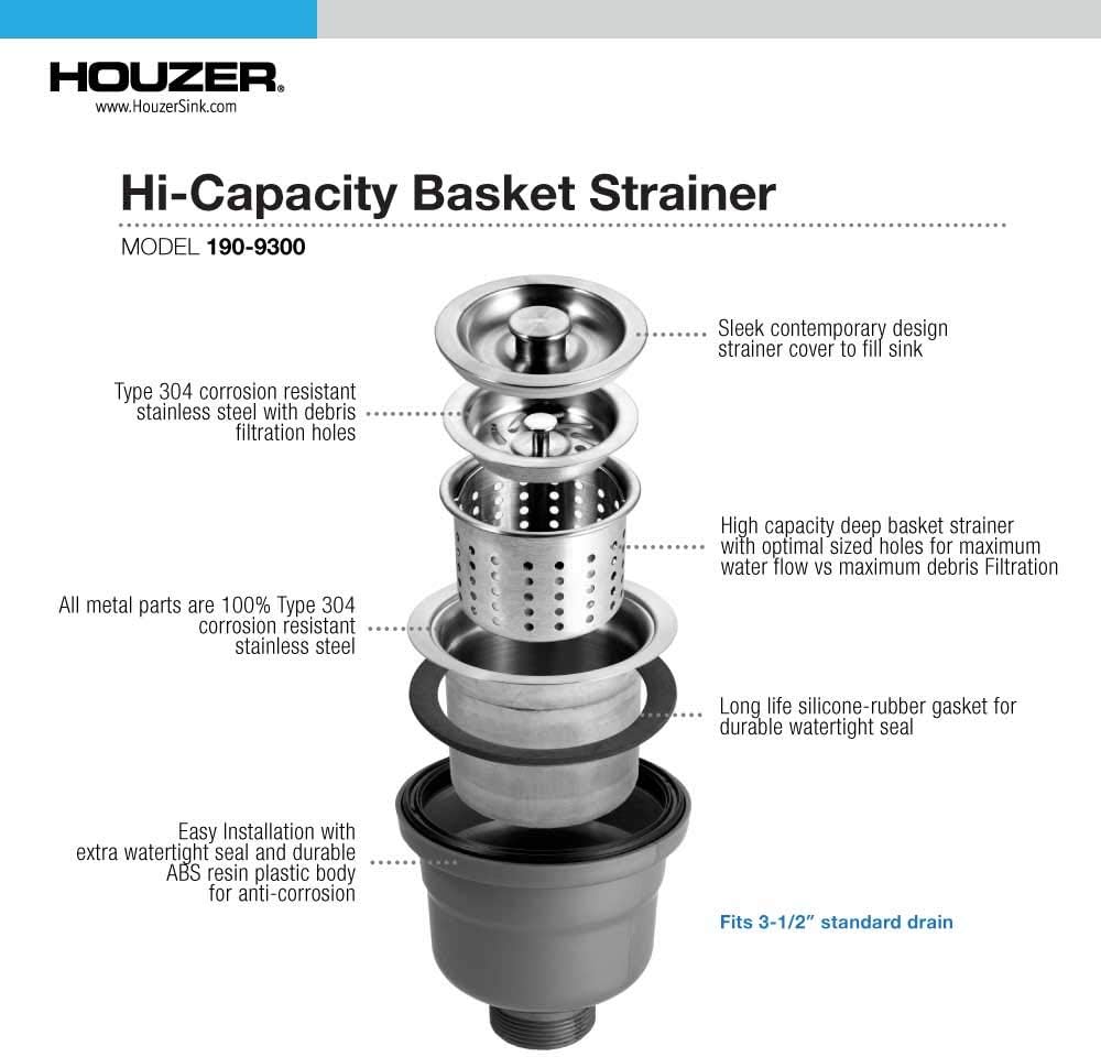Houzer 3-1/2" Stainless Steel Deep Cup Basket Strainer with EZ Grip