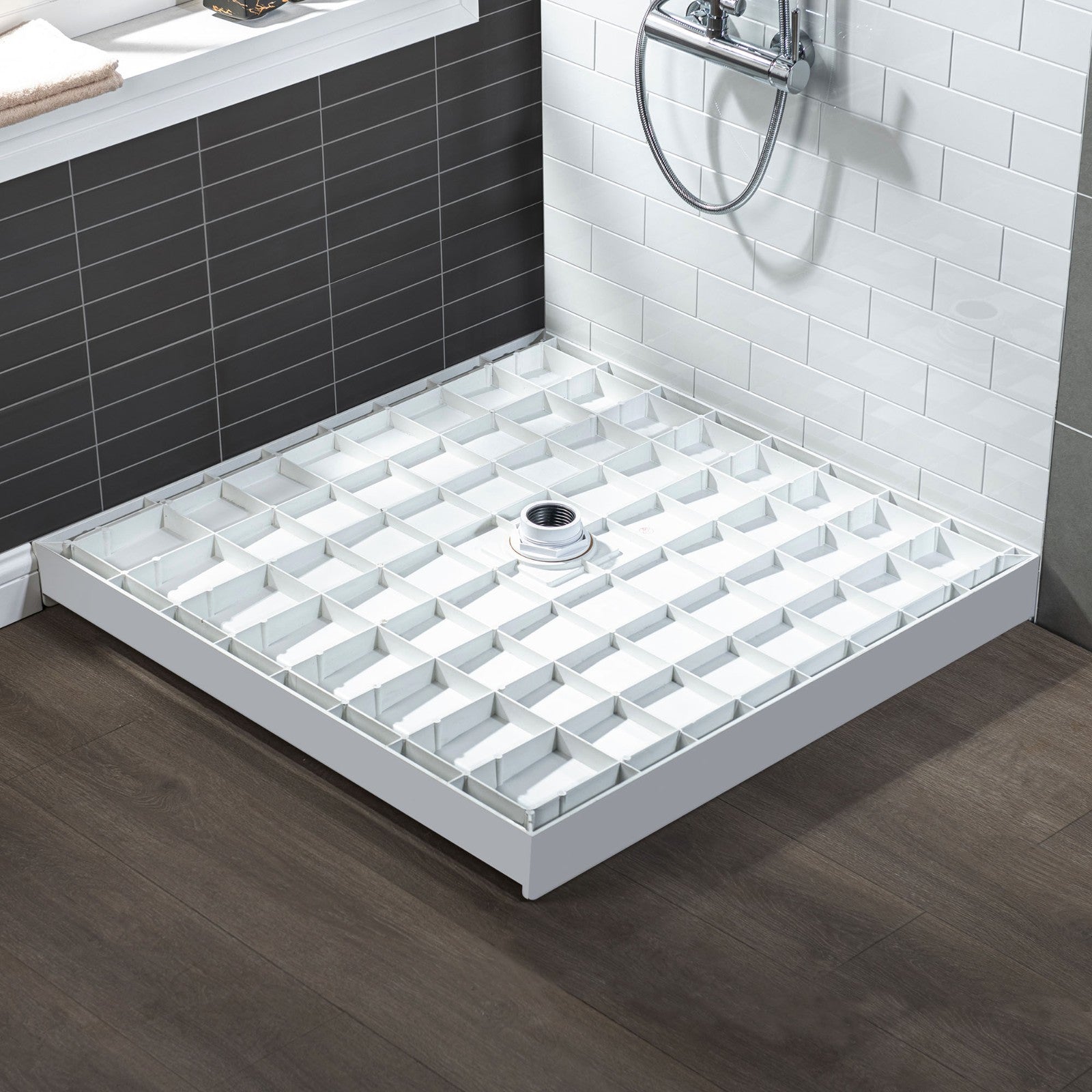 WOODBRIDGE SBR3636-1000C Solid Surface Shower Base with Recessed Trench Side Including Stainless Steel Linear Cover, 36" L x 36" W x 4" H,Center Drain White Color