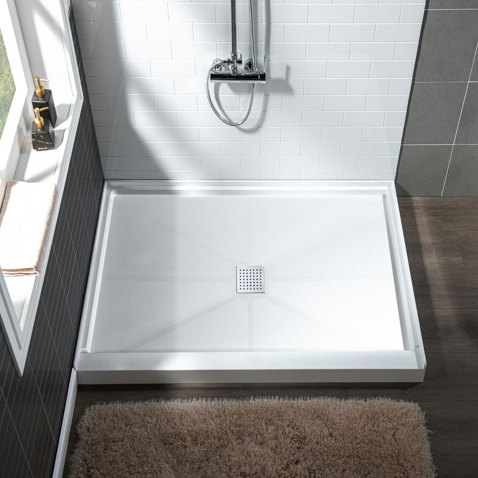 WOODBRIDGE SBR3636-1000C-CH SolidSurface Shower Base with Recessed Trench Side Including Chrome Linear Cover, 36" L x 36" W x 4" H,Center Drain White Color