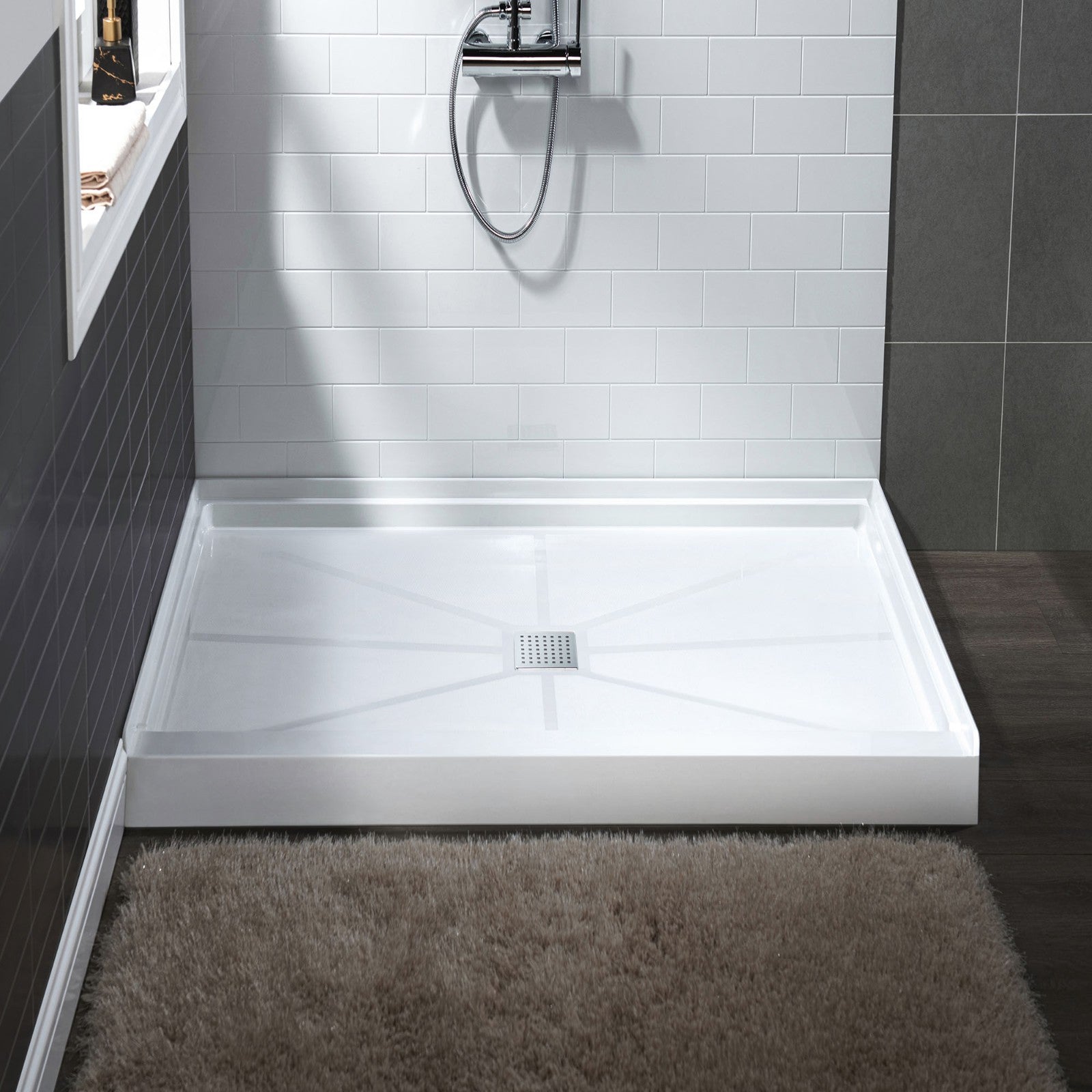 WOODBRIDGE SBR3636-1000C-CH SolidSurface Shower Base with Recessed Trench Side Including Chrome Linear Cover, 36" L x 36" W x 4" H,Center Drain White Color