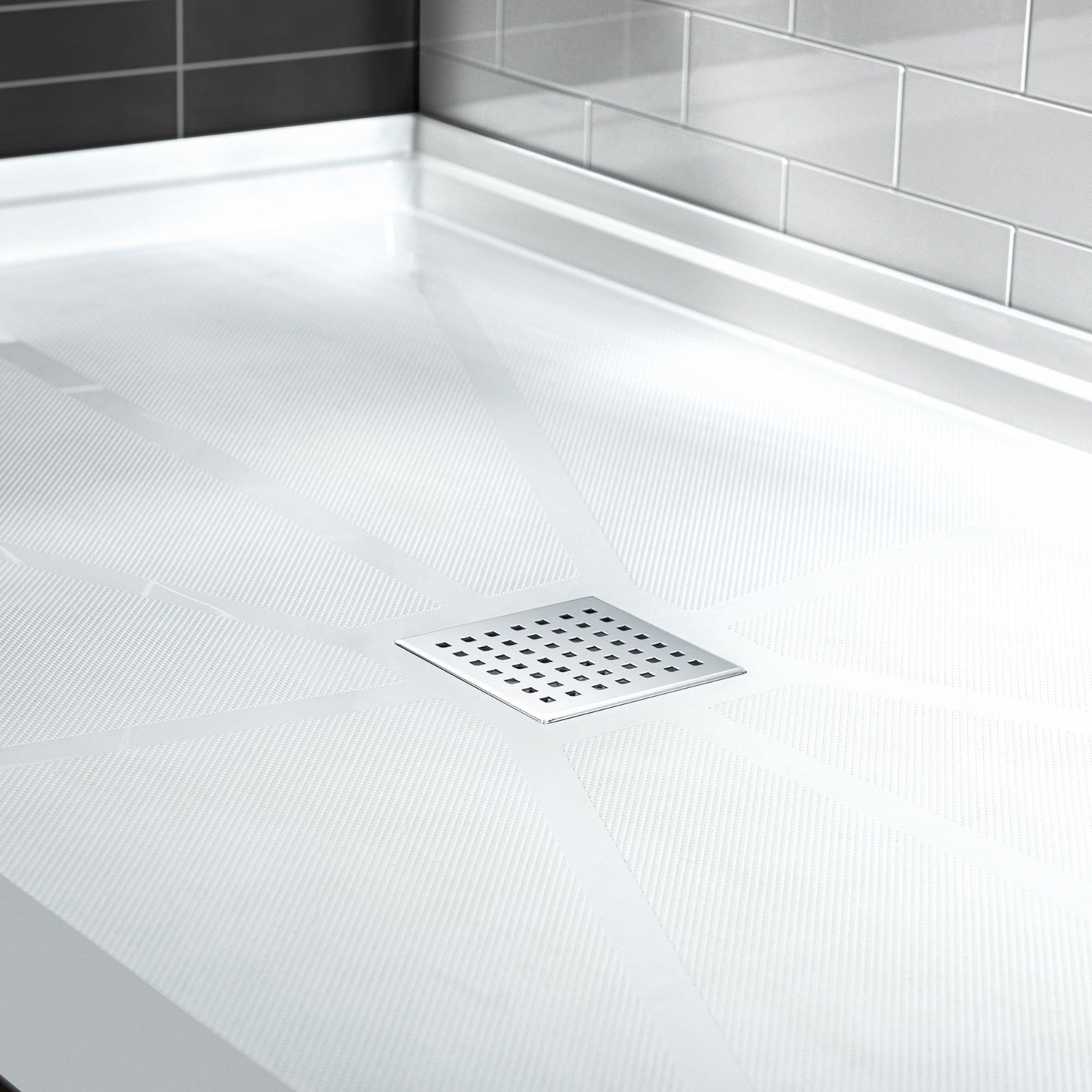 WOODBRIDGE SBR3636-1000C-CH SolidSurface Shower Base with Recessed Trench Side Including Chrome Linear Cover, 36" L x 36" W x 4" H,Center Drain White Color