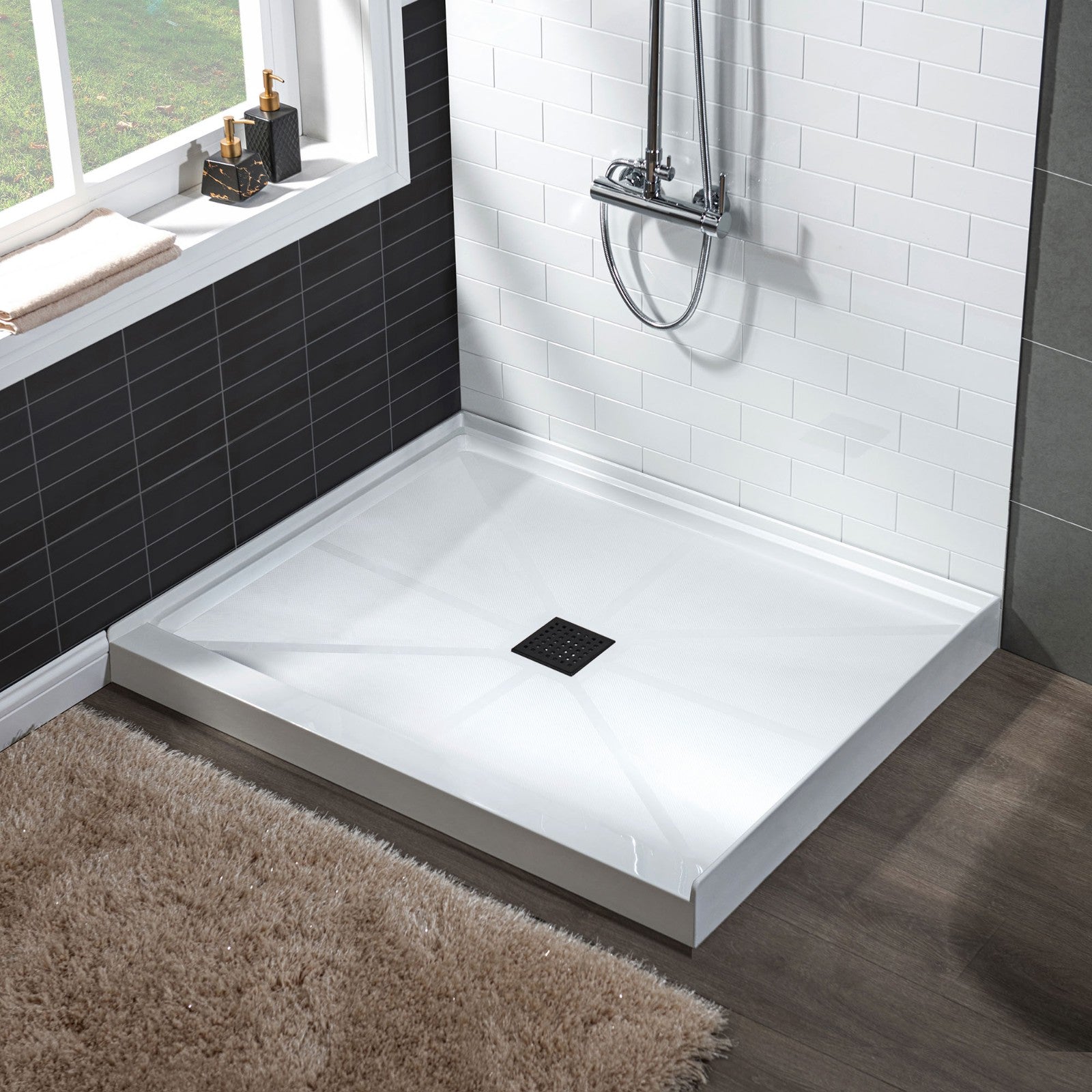 WOODBRIDGE SBR3636-1000C-MB SolidSurface Shower Base with Recessed Trench Side Including Matte Black Linear Cover, 36" L x 36" W x 4" H,Center Drain White Color
