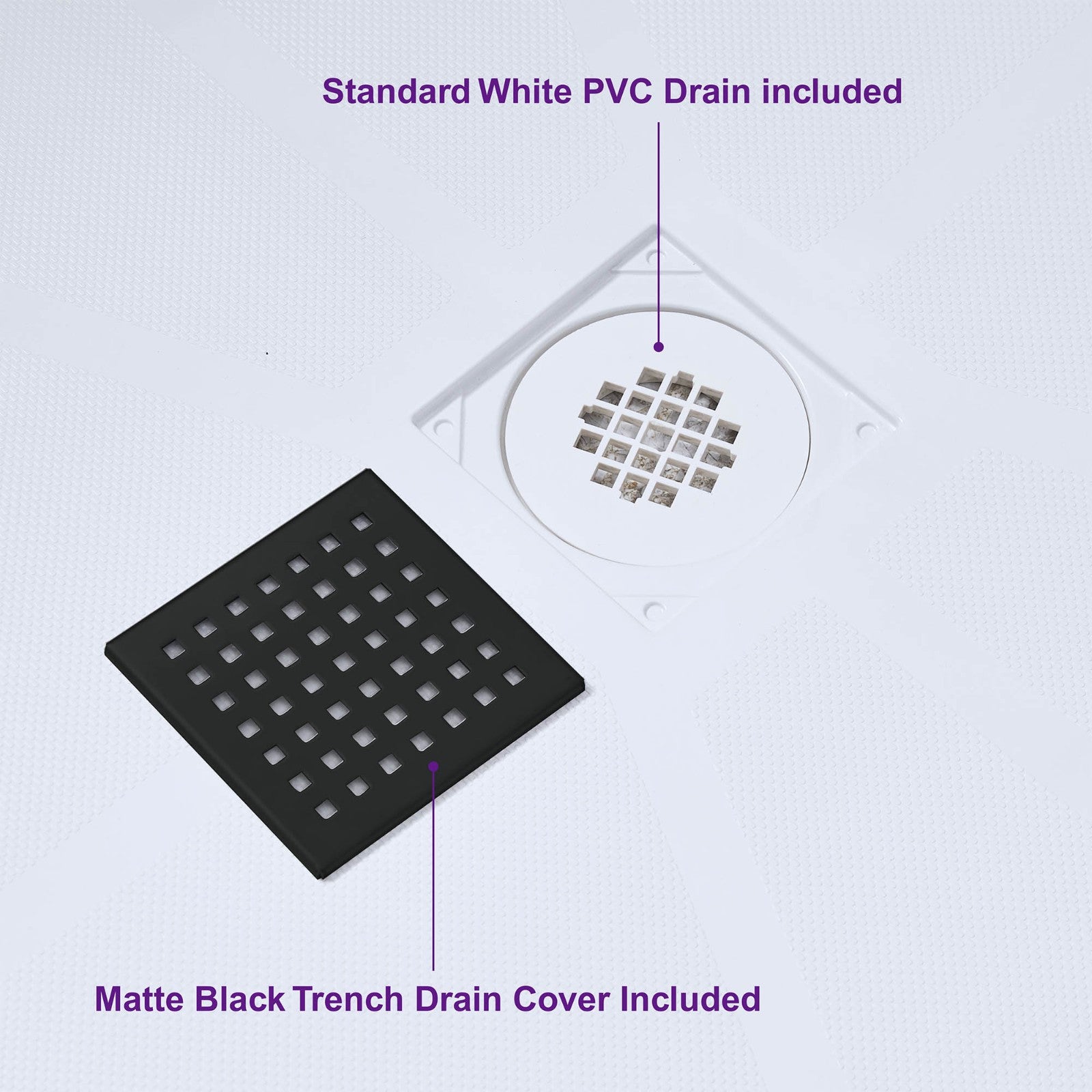 WOODBRIDGE SBR3636-1000C-MB SolidSurface Shower Base with Recessed Trench Side Including Matte Black Linear Cover, 36" L x 36" W x 4" H,Center Drain White Color