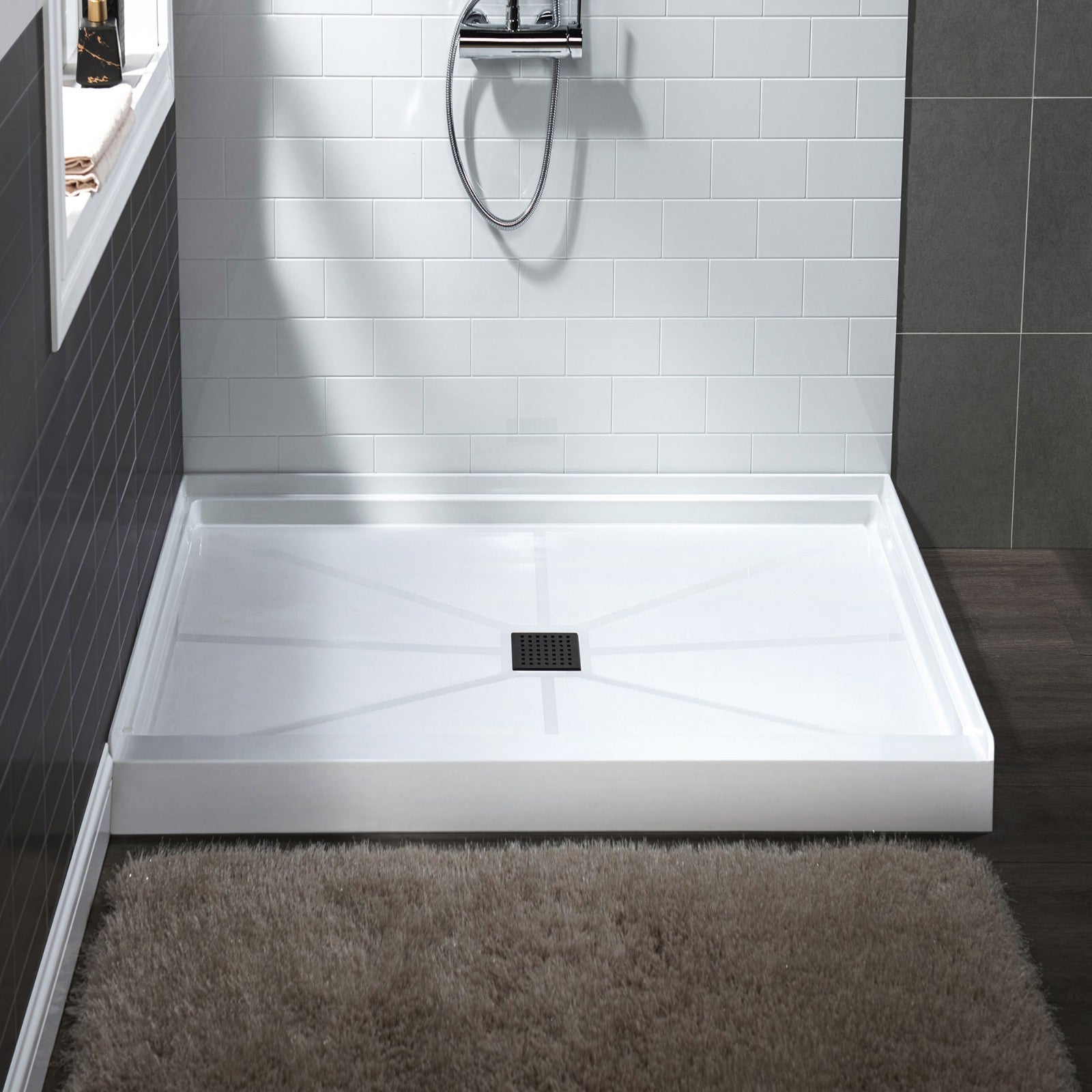 WOODBRIDGE SBR3636-1000C-MB SolidSurface Shower Base with Recessed Trench Side Including Matte Black Linear Cover, 36" L x 36" W x 4" H,Center Drain White Color