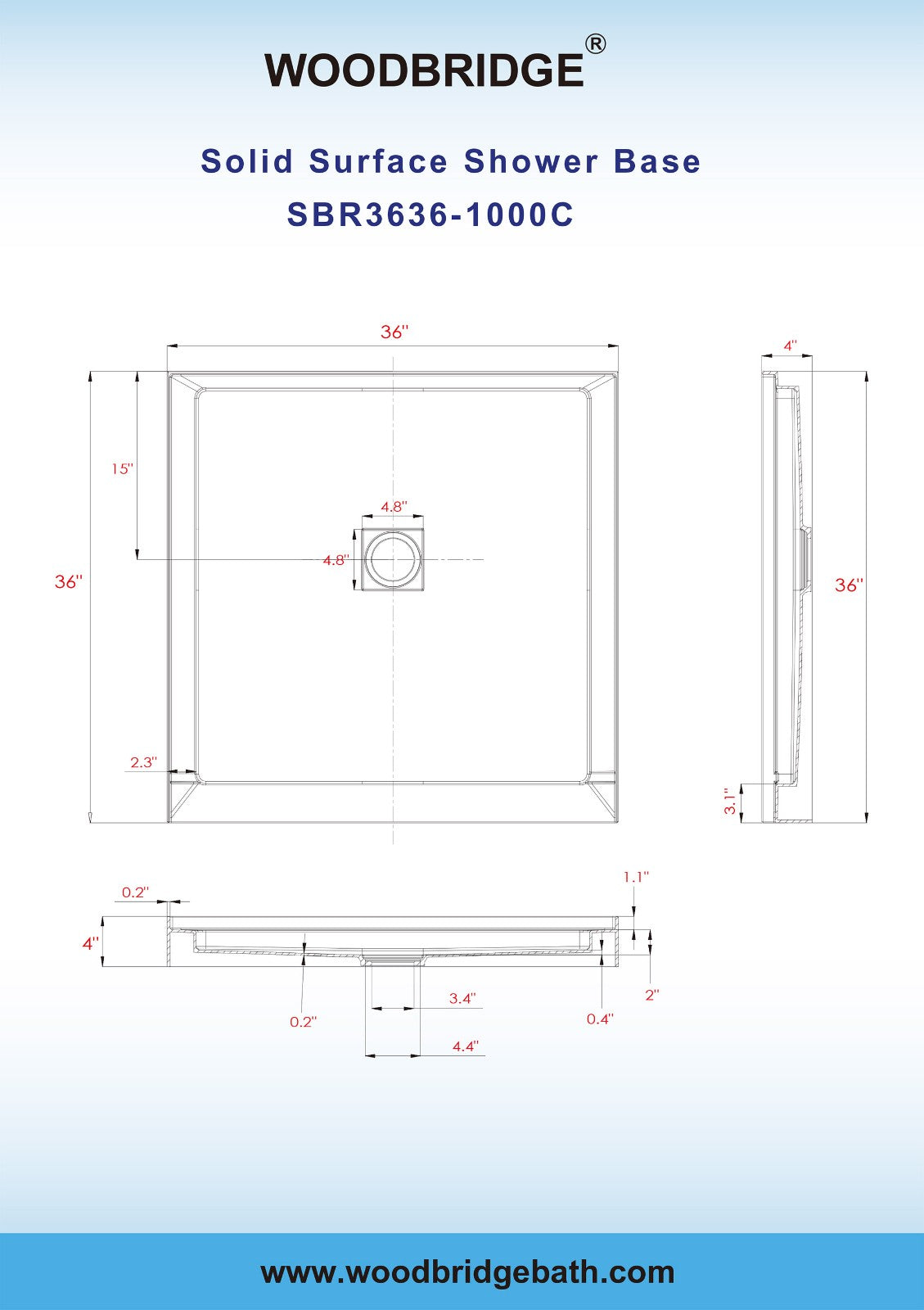 WOODBRIDGE SBR3636-1000C-ORB SolidSurface Shower Base with Recessed Trench Side Including Oil Rubbed Bronze Linear Cover, 36" L x 36" W x 4" H,Center Drain White Color