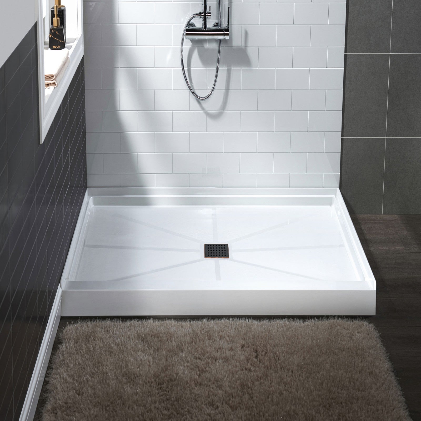 WOODBRIDGE SBR3636-1000C-ORB SolidSurface Shower Base with Recessed Trench Side Including Oil Rubbed Bronze Linear Cover, 36" L x 36" W x 4" H,Center Drain White Color