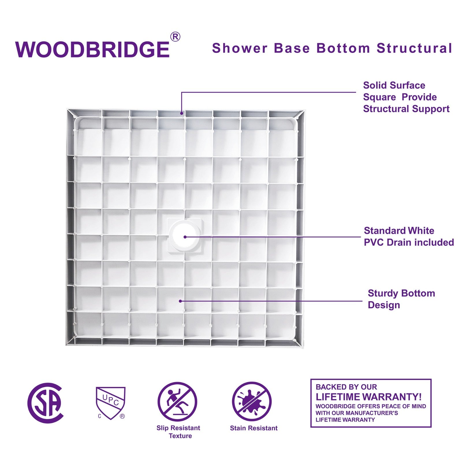 WOODBRIDGE SBR3636-1000C-ORB SolidSurface Shower Base with Recessed Trench Side Including Oil Rubbed Bronze Linear Cover, 36" L x 36" W x 4" H,Center Drain White Color