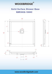 WOODBRIDGE SBR3636-1000C-BG SolidSurface Shower Base with Recessed Trench Side Including Brushed Gold Linear Cover, 36" L x 36" W x 4" H,Center Drain White Color