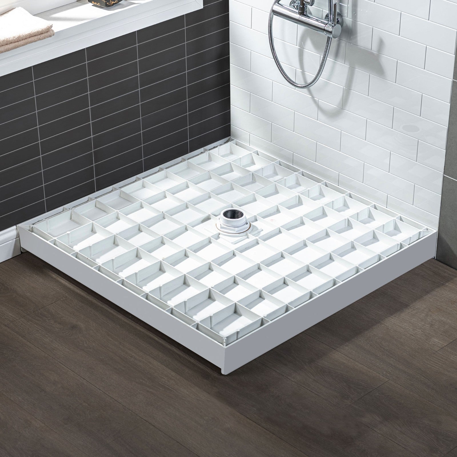 WOODBRIDGE SBR3636-1000C-BG SolidSurface Shower Base with Recessed Trench Side Including Brushed Gold Linear Cover, 36" L x 36" W x 4" H,Center Drain White Color