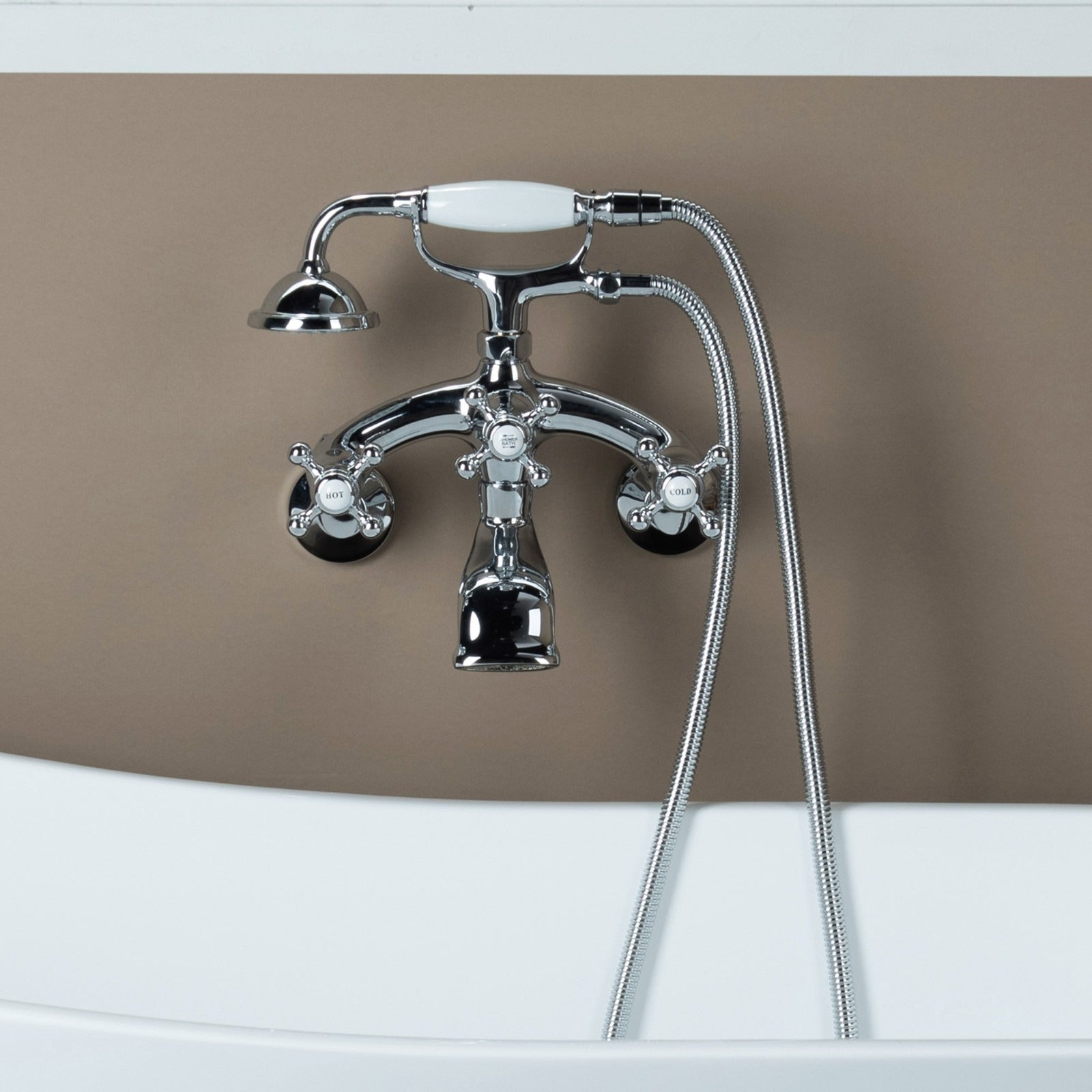 WOODBRIDGE Wall Mount Adjustable Centers Bathtub Faucet with 3 Metal Cross Handles and Telephone Style Hand Shower, F003