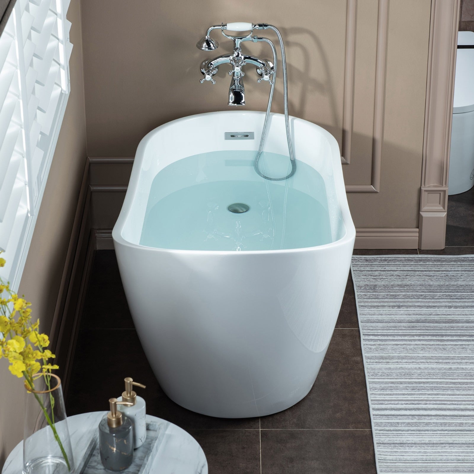 WOODBRIDGE Wall Mount Adjustable Centers Bathtub Faucet with 3 Metal Cross Handles and Telephone Style Hand Shower, F003