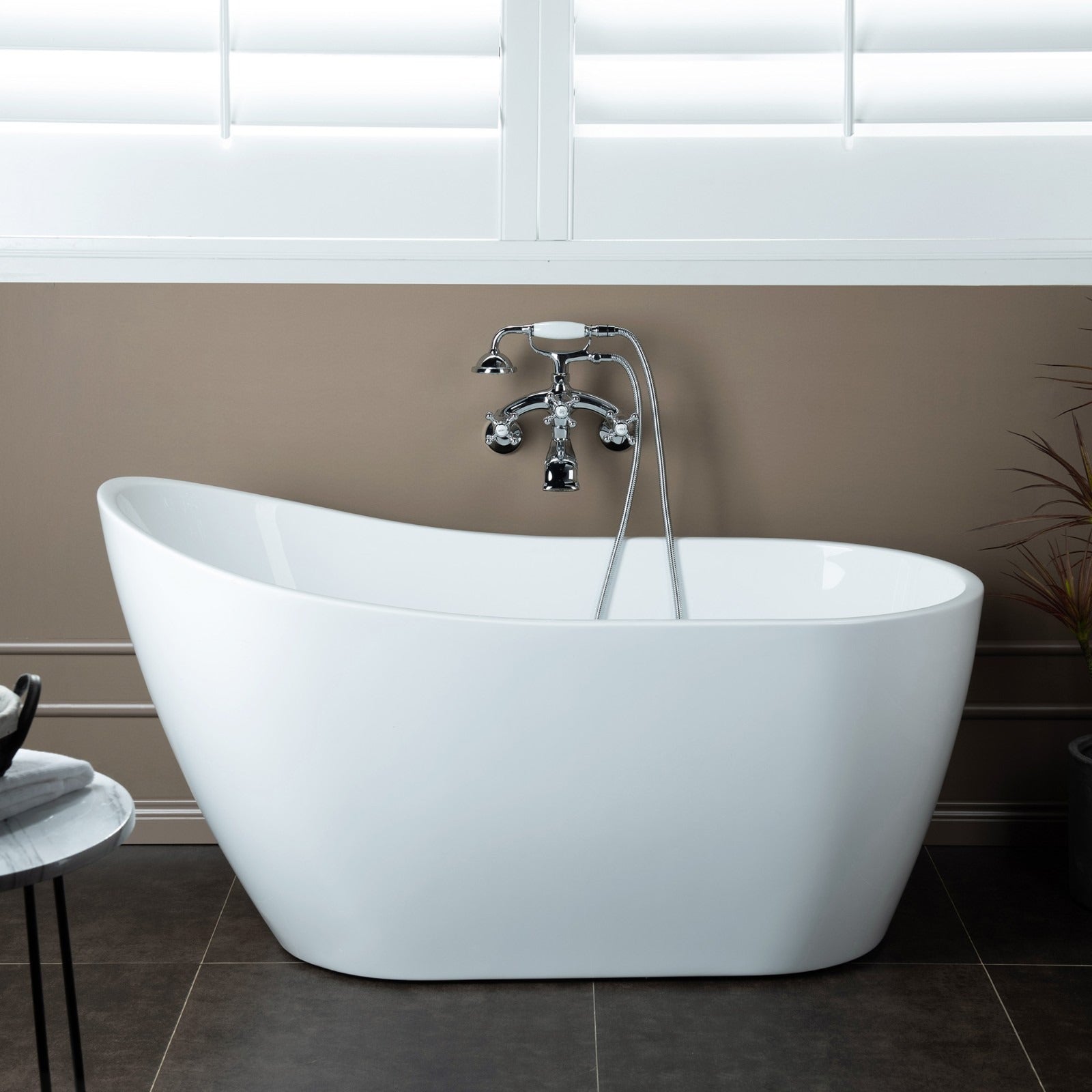 WOODBRIDGE Wall Mount Adjustable Centers Bathtub Faucet with 3 Metal Cross Handles and Telephone Style Hand Shower, F003