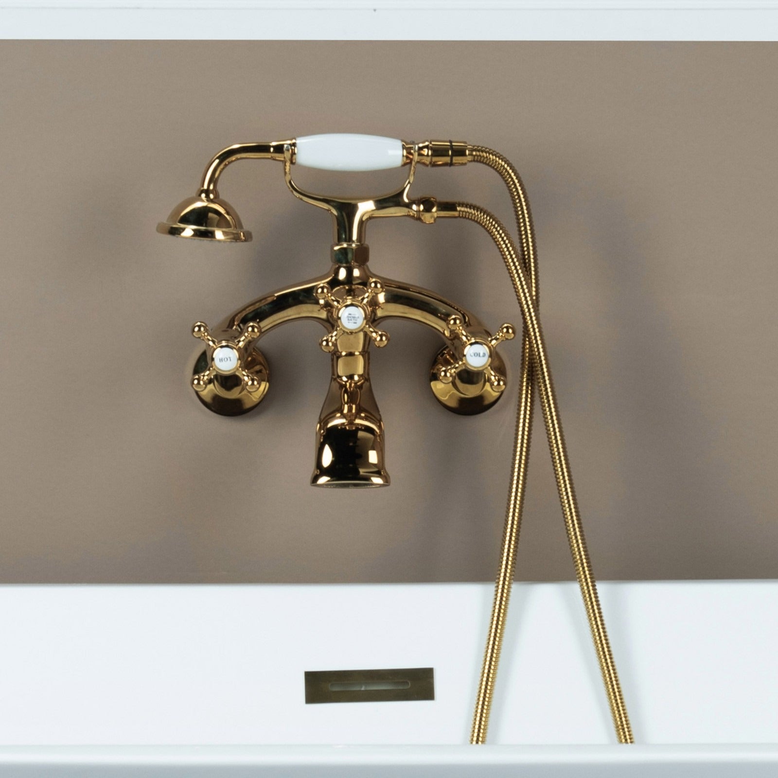WOODBRIDGE Wall Mount Adjustable Centers Bathtub Faucet with 3 Metal Cross Handles and Telephone Style Hand Shower, F003
