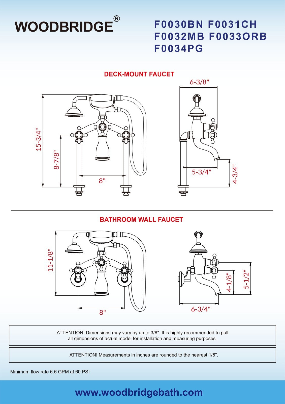 WOODBRIDGE Wall Mount Adjustable Centers Bathtub Faucet with 3 Metal Cross Handles and Telephone Style Hand Shower, F003