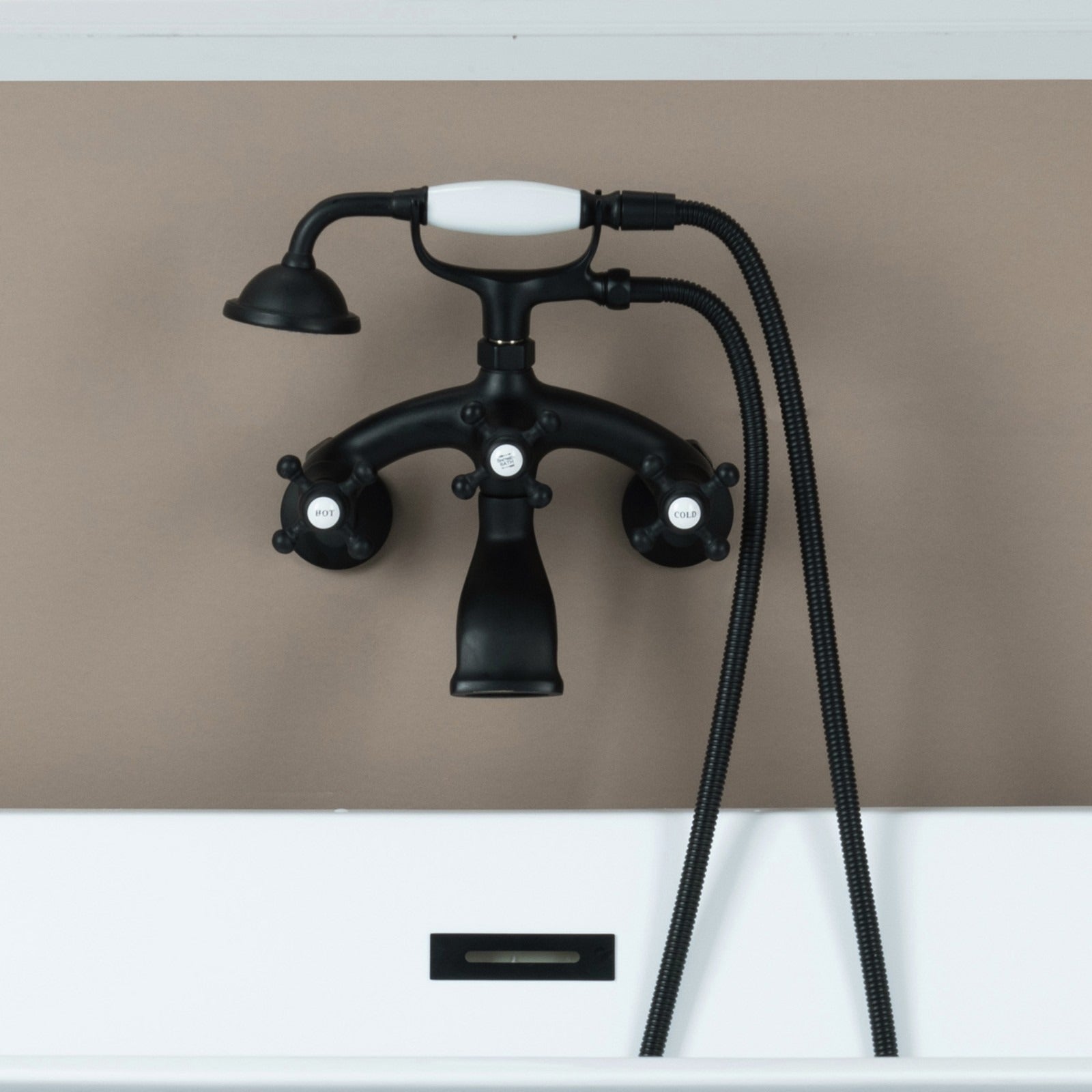 WOODBRIDGE Wall Mount Adjustable Centers Bathtub Faucet with 3 Metal Cross Handles and Telephone Style Hand Shower, F003
