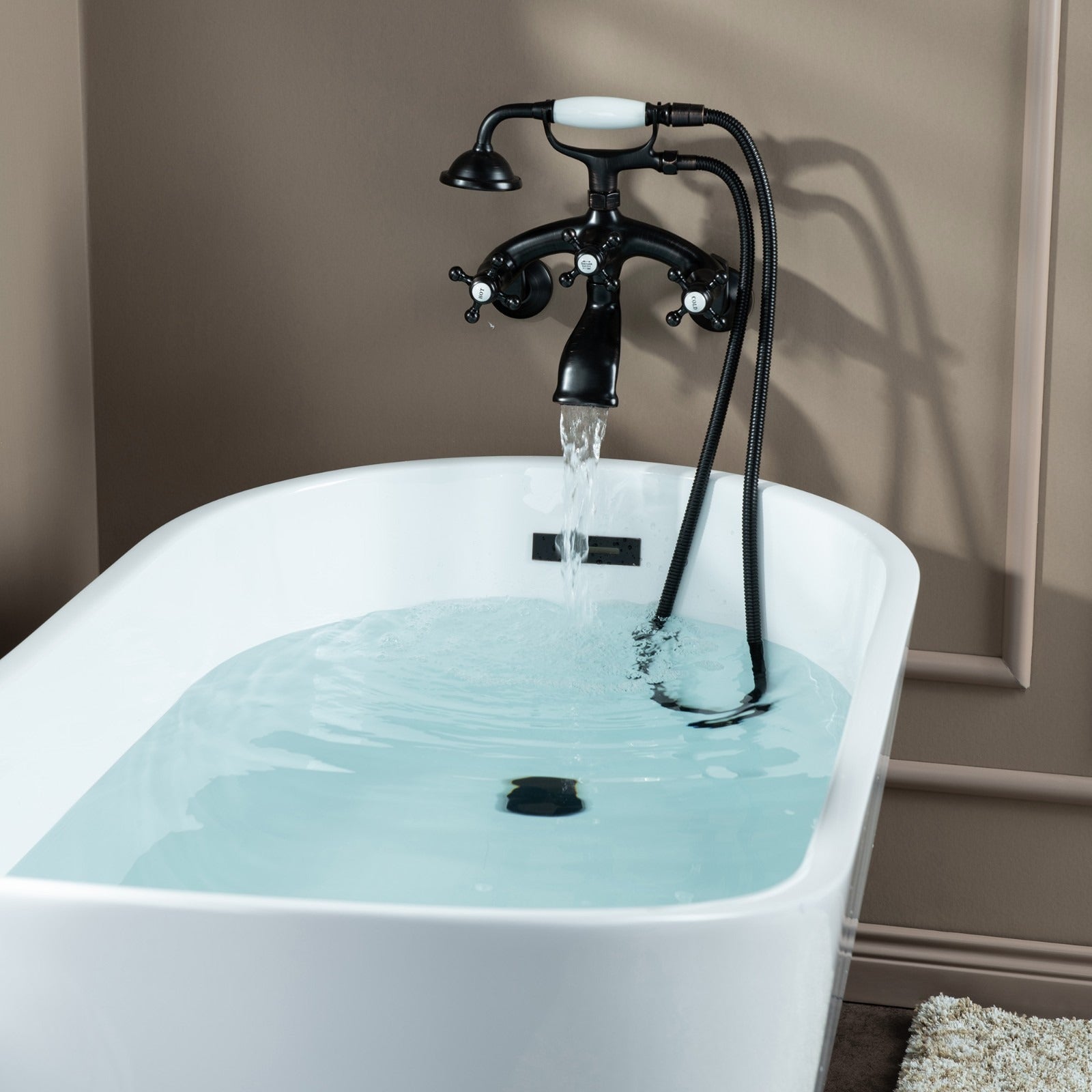 WOODBRIDGE Wall Mount Adjustable Centers Bathtub Faucet with 3 Metal Cross Handles and Telephone Style Hand Shower, F003