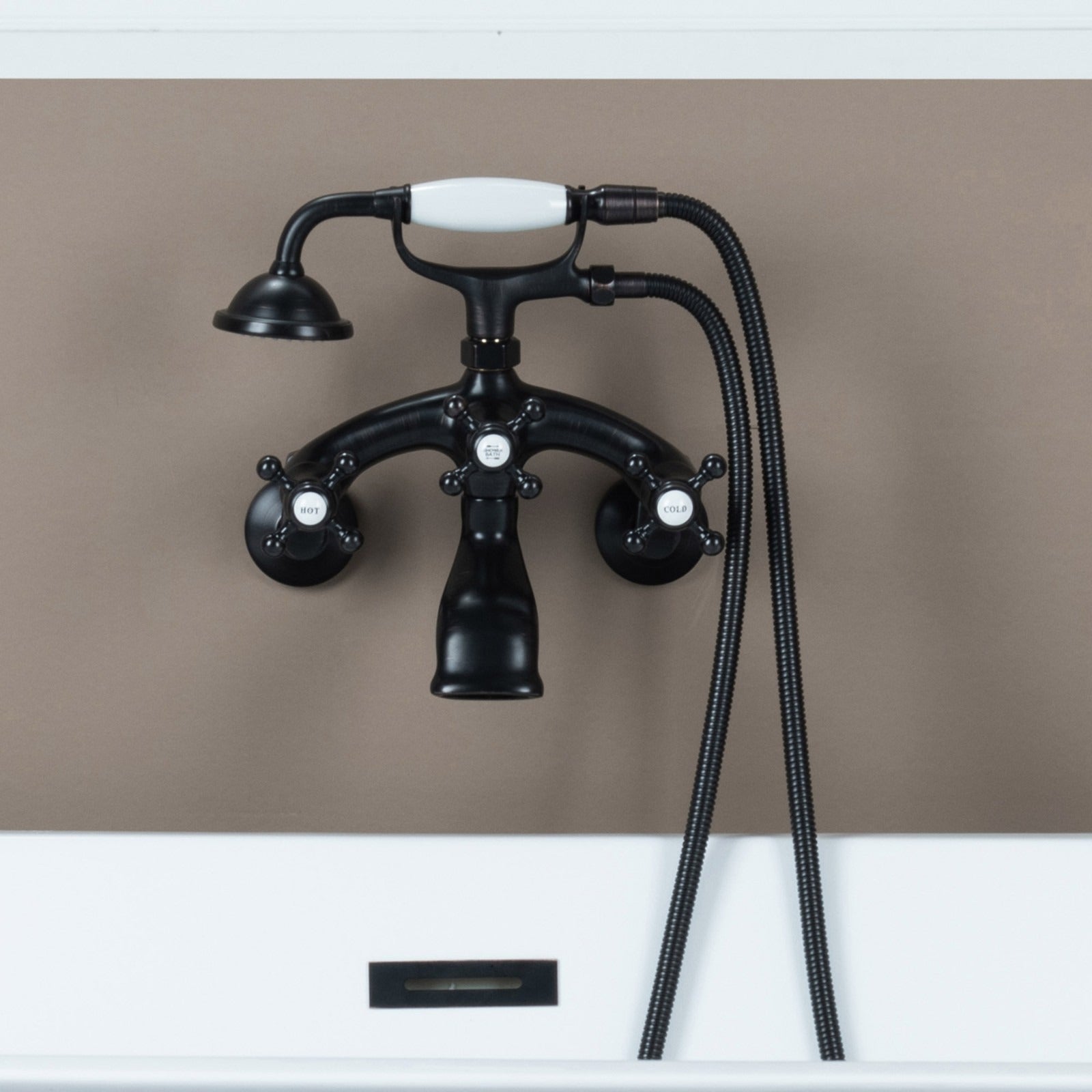 WOODBRIDGE Wall Mount Adjustable Centers Bathtub Faucet with 3 Metal Cross Handles and Telephone Style Hand Shower, F003