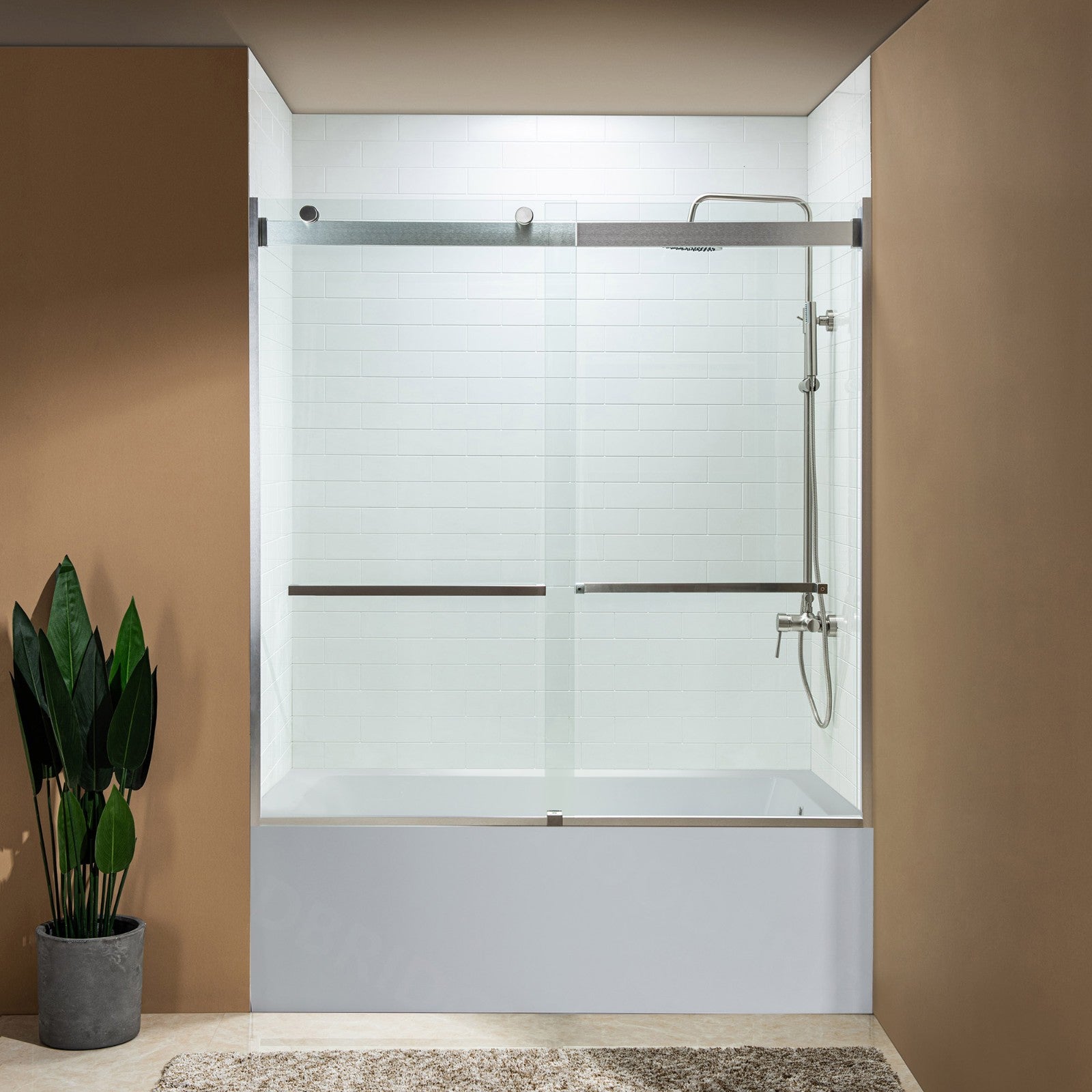 WOODBRIDGE Frameless Bathtub Shower Doors 56-60" Width x 62"Height with 5/16"(8mm) Clear Tempered Glass, 2 Ways Opening & Double Sliding