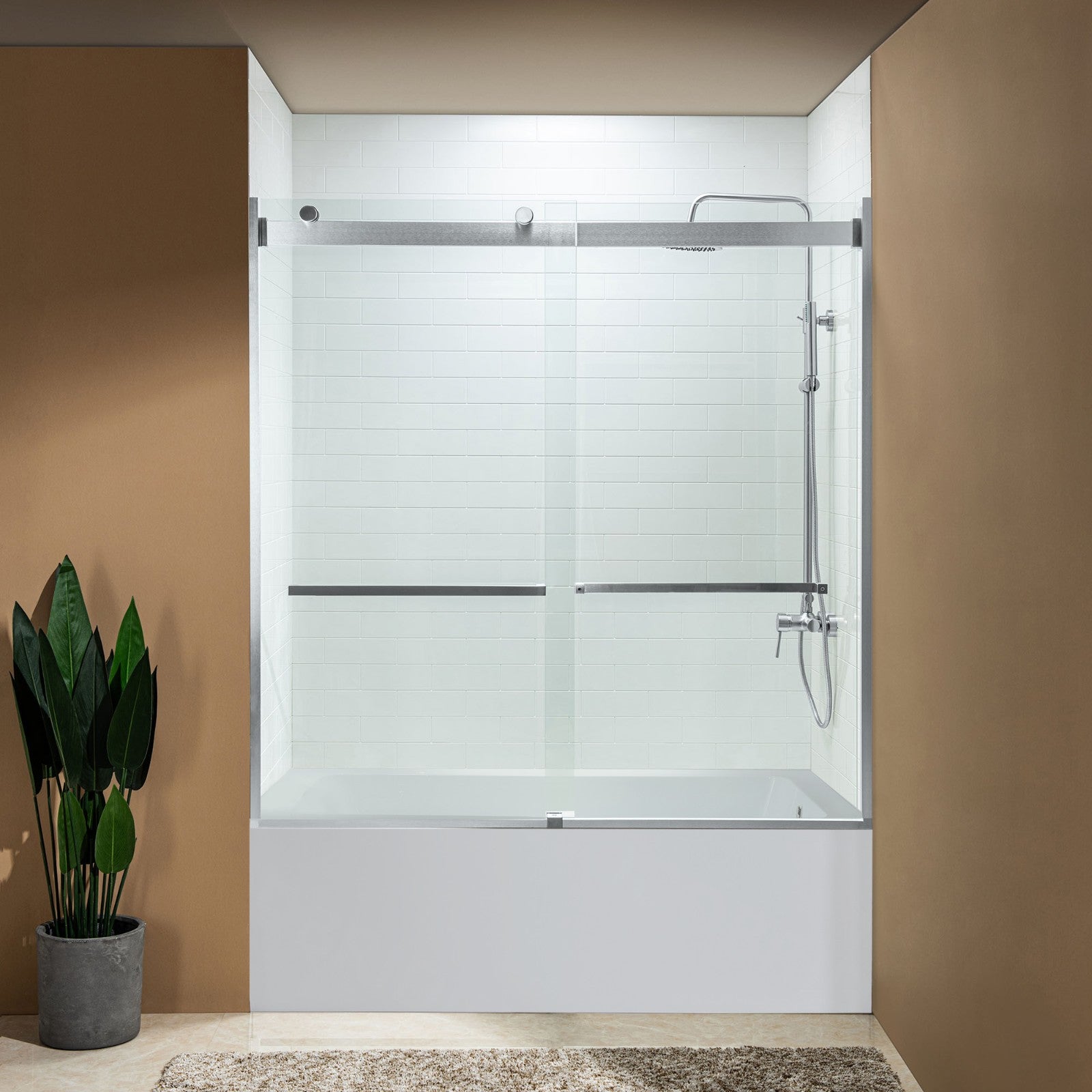 WOODBRIDGE Frameless Bathtub Shower Doors 56-60" Width x 62"Height with 5/16"(8mm) Clear Tempered Glass, 2 Ways Opening & Double Sliding