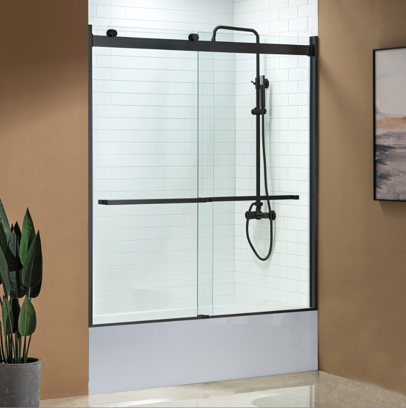 WOODBRIDGE Frameless Bathtub Shower Doors 56-60" Width x 62"Height with 5/16"(8mm) Clear Tempered Glass, 2 Ways Opening & Double Sliding