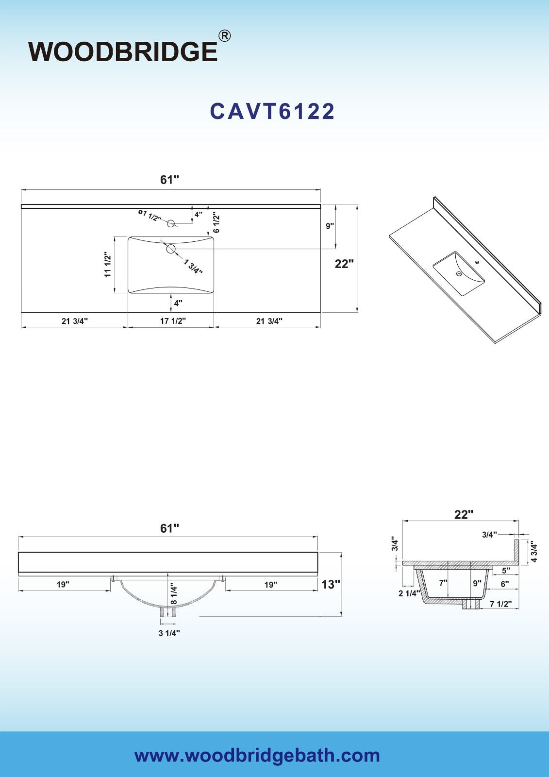 WOODBRIDGE 61" x 22" Vanity Top with Double Under Mount Rectangle Bowls, CAVT6122D-1