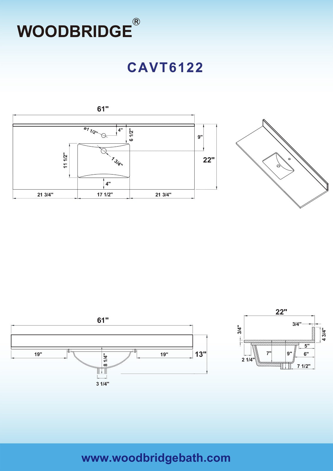 WOODBRIDGE 61" x 22" Vanity Top with Double Under Mount Rectangle Bowls, Carrara White Marble, Pre-drilled with Single hole Faucet set up Option