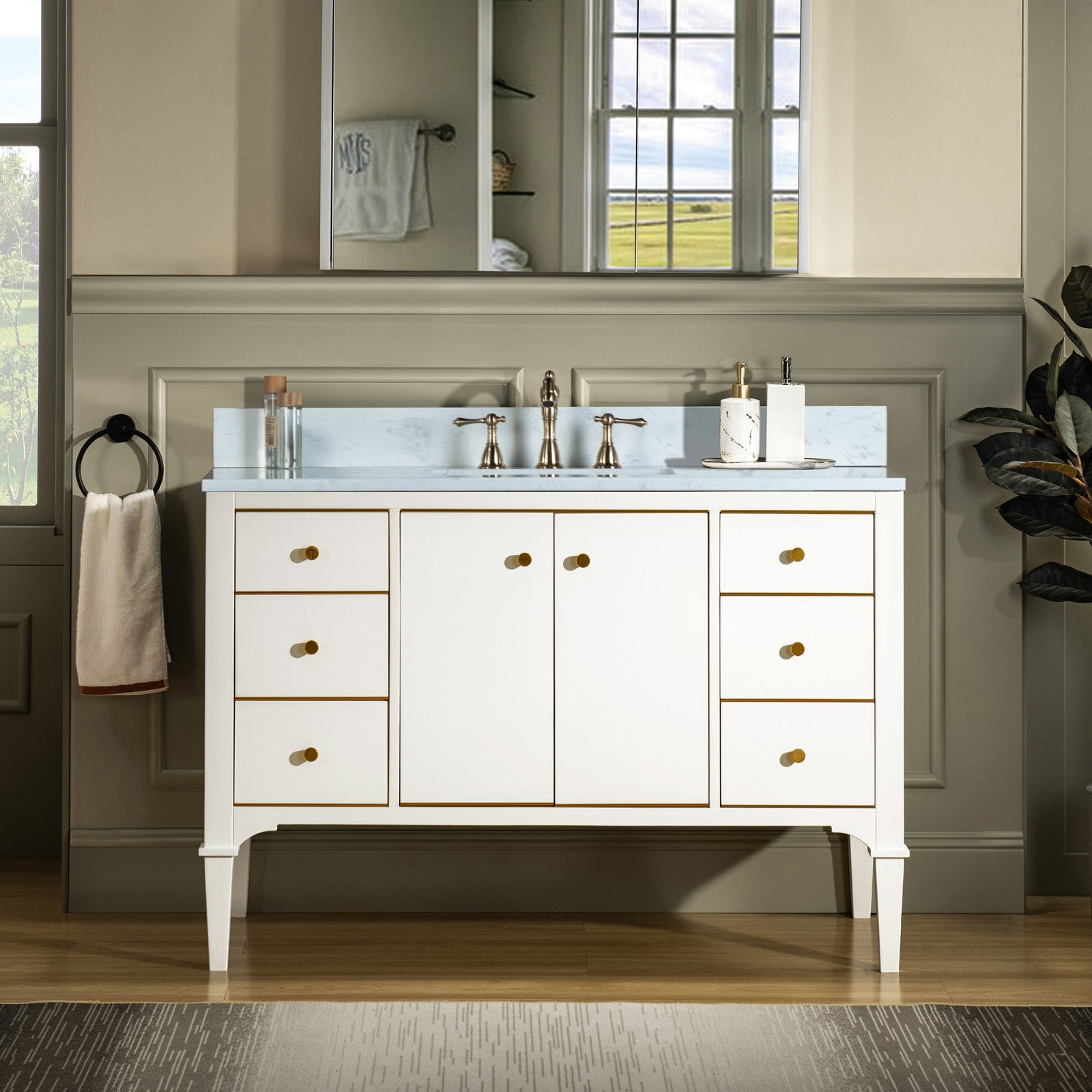 WOODBRIDGE Roma 49"x22"x38" Solid Wood Bath Vanity in White with Gold Hardware and Carrara Engineered Stone Composite vanity top with 3 Pre-Drilled Holes, Roma-4821-White+CALAVT4922D-8