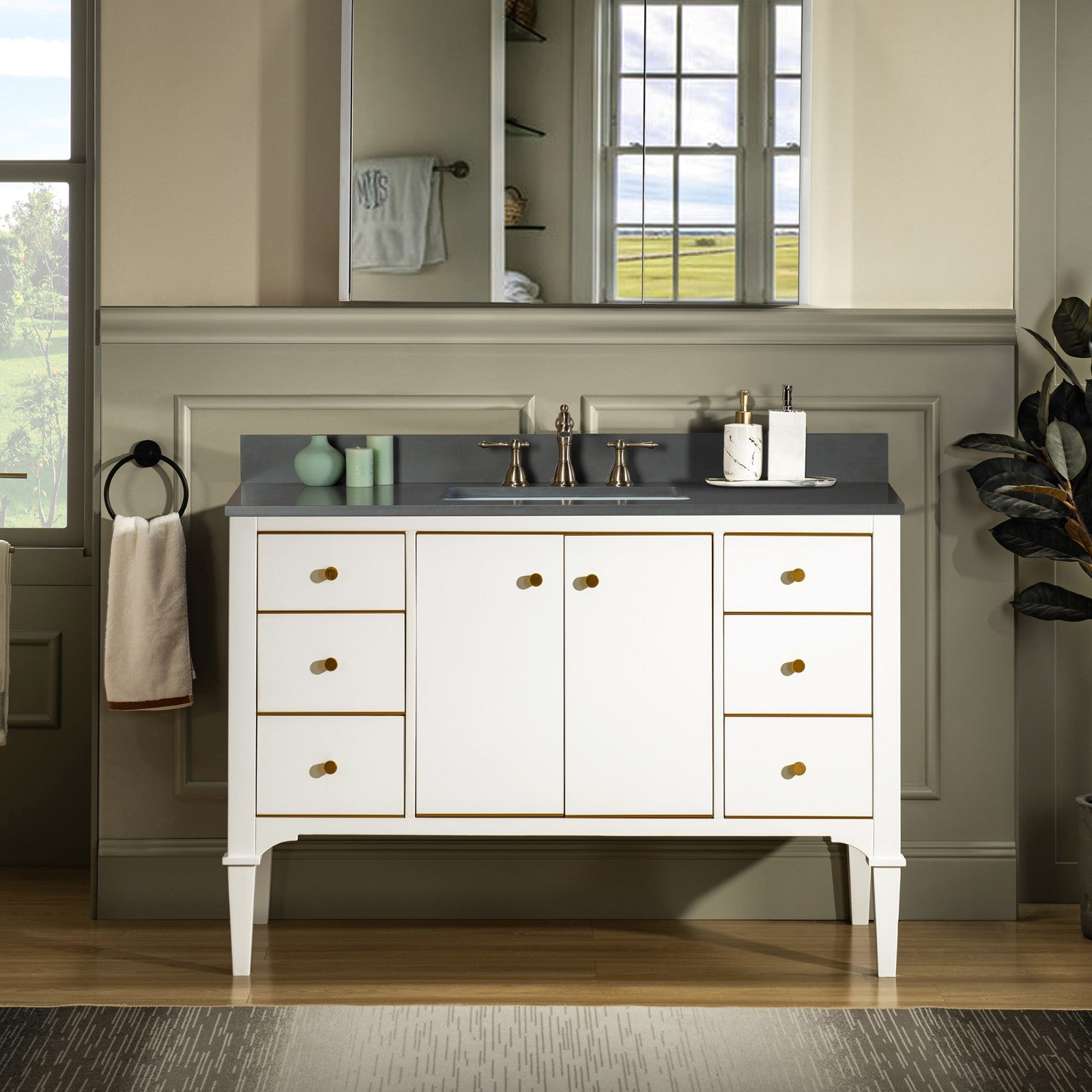 WOODBRIDGE Roma 49"x22"x38" Solid Wood Bath Vanity in White with Gold Hardware and Dark Gray Engineered Stone Composite vanity top with 3 Pre-Drilled Holes, Roma-4821-White+DGVT4922D-8