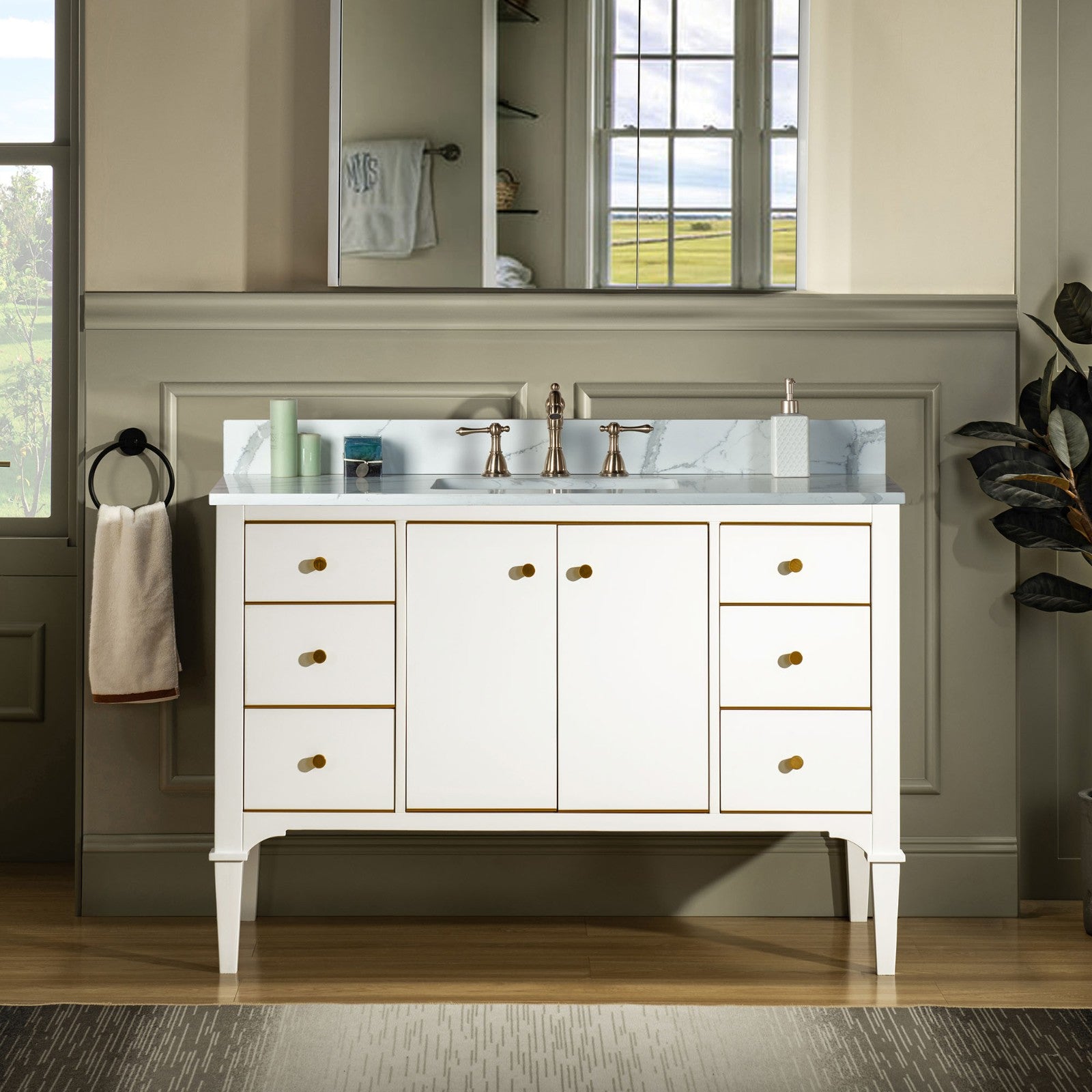 WOODBRIDGE Roma 49"x22"x38" Solid Wood Bath Vanity in White with Gold Hardware and Fish Belly Engineered Stone Composite vanity top with 3 Pre-Drilled Holes, Roma-4821-White+FBVT4922D-8