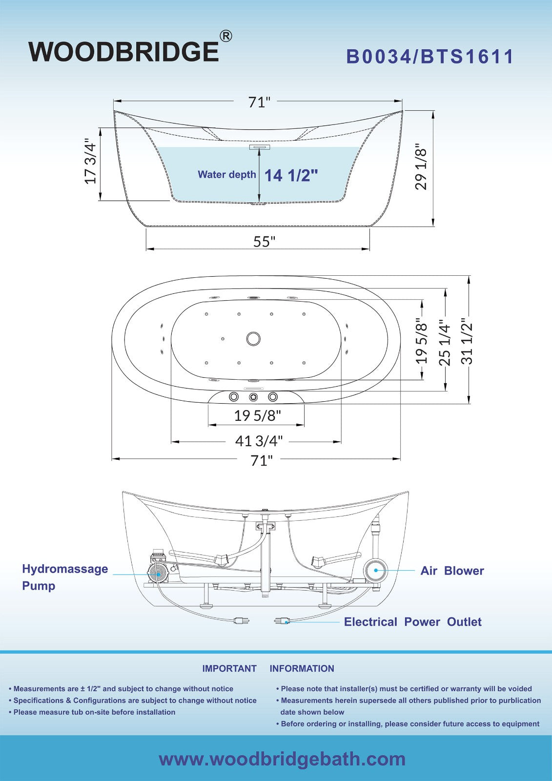 WOODBRIDGE 71" Whirlpool Water Jetted and Air Bubble Freestanding Bathtub