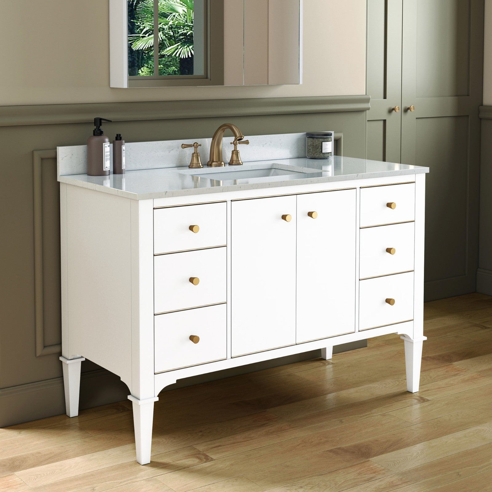 WOODBRIDGE Roma 49"x22"x38" Solid Wood Bath Vanity in White with Gold Hardware and Carrara Engineered Stone Composite vanity top with 3 Pre-Drilled Holes, Roma-4821-White+CALAVT4922D-8