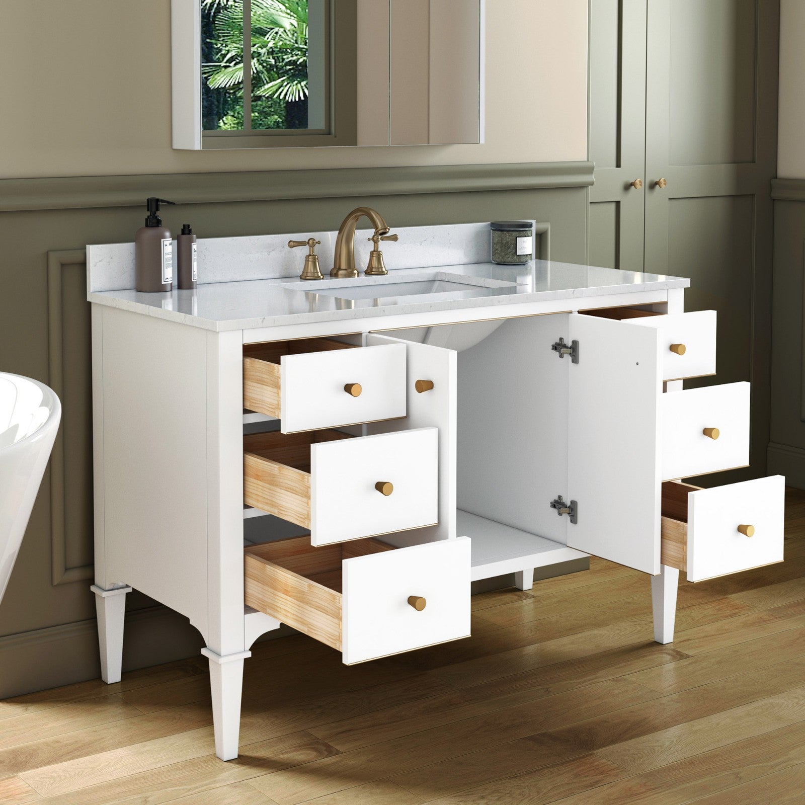 WOODBRIDGE Roma 49"x22"x38" Solid Wood Bath Vanity in White with Gold Hardware and Carrara Engineered Stone Composite vanity top with 3 Pre-Drilled Holes, Roma-4821-White+CALAVT4922D-8