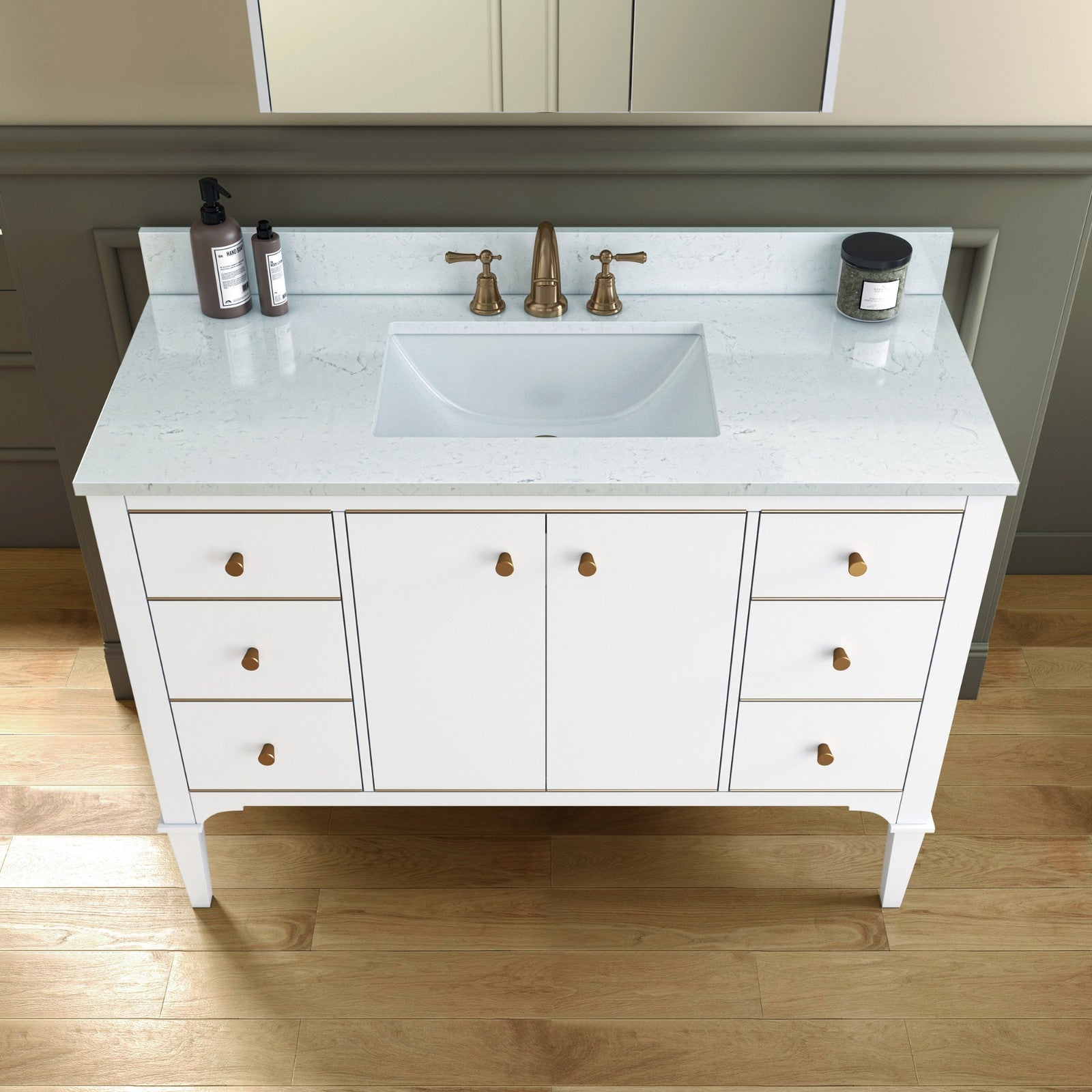 WOODBRIDGE Roma 49"x22"x38" Solid Wood Bath Vanity in White with Gold Hardware and Carrara Engineered Stone Composite vanity top with 3 Pre-Drilled Holes, Roma-4821-White+CALAVT4922D-8