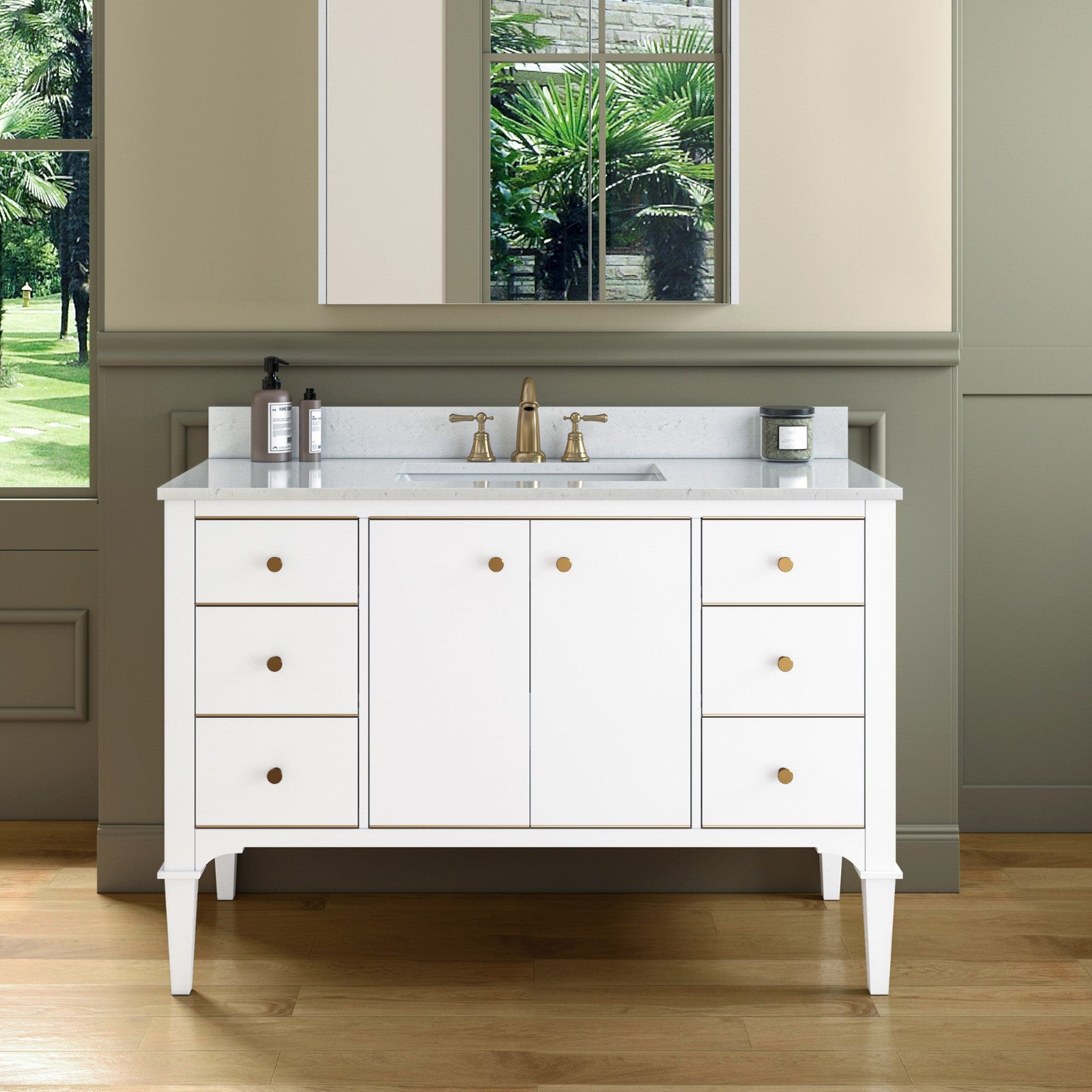 WOODBRIDGE Roma 49"x22"x38" Solid Wood Bath Vanity in White with Gold Hardware and Carrara Engineered Stone Composite vanity top with 3 Pre-Drilled Holes, Roma-4821-White+CALAVT4922D-8