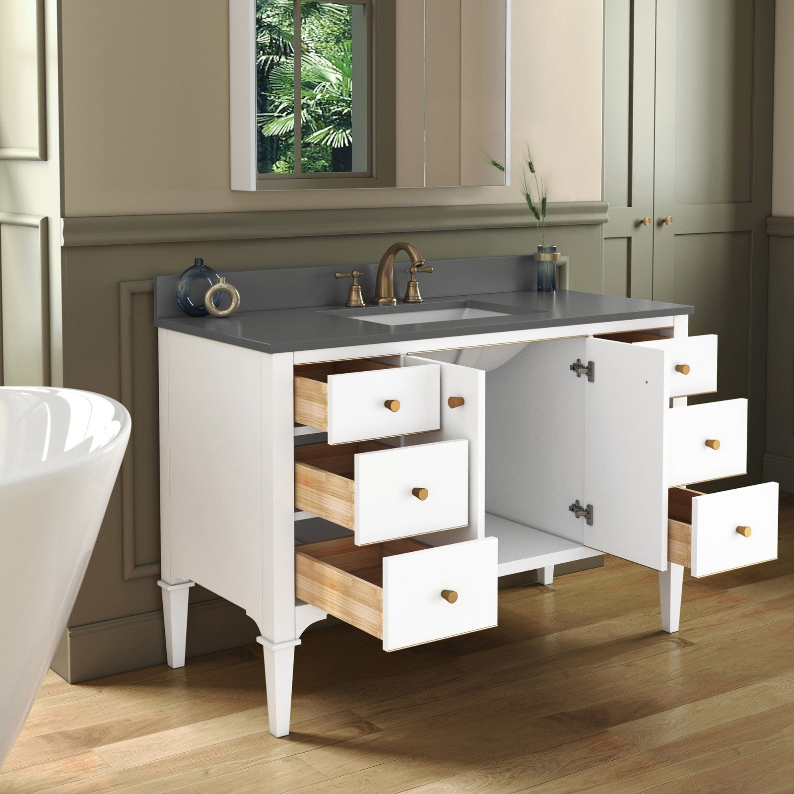 WOODBRIDGE Roma 49"x22"x38" Solid Wood Bath Vanity in White with Gold Hardware and Dark Gray Engineered Stone Composite vanity top with 3 Pre-Drilled Holes, Roma-4821-White+DGVT4922D-8