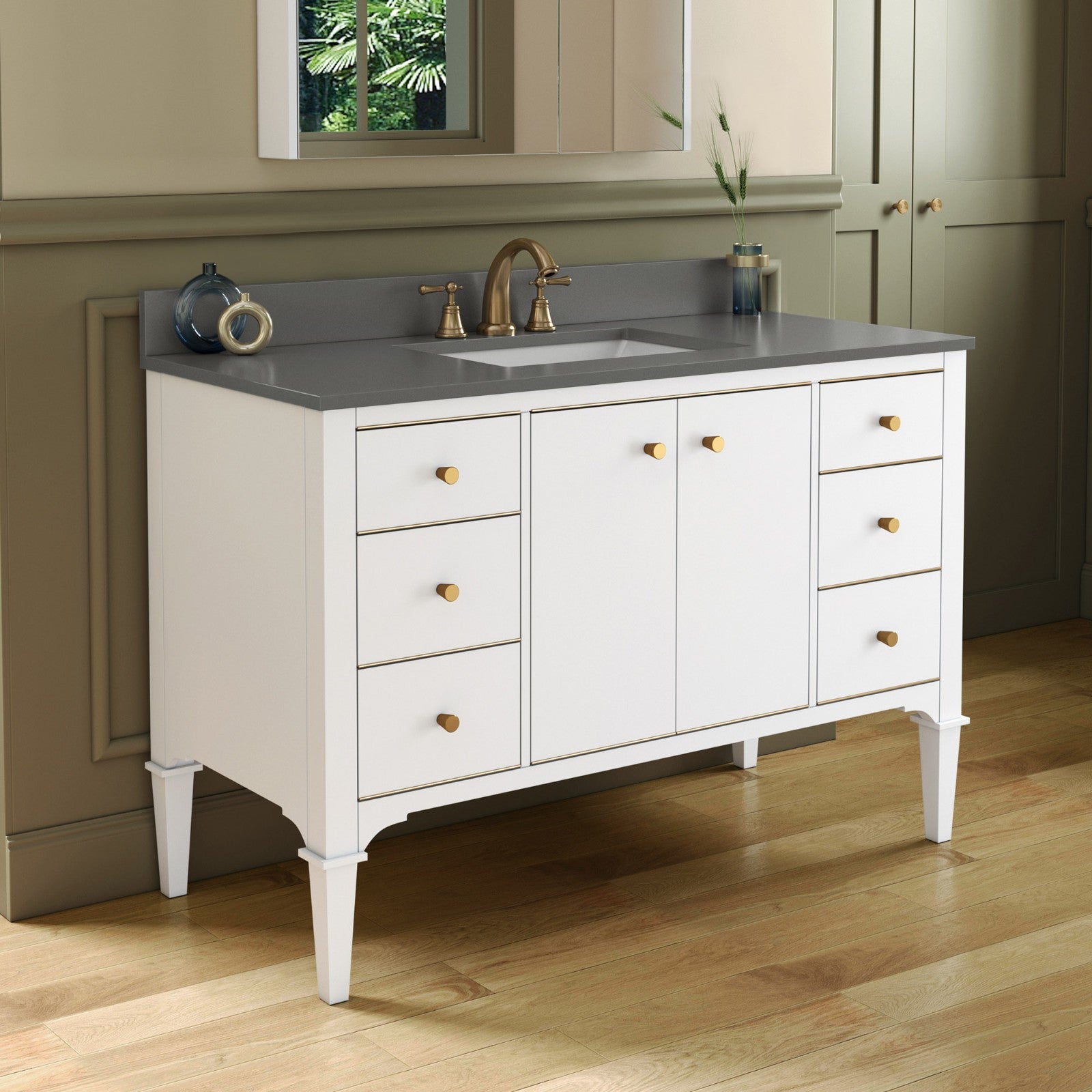 WOODBRIDGE Roma 49"x22"x38" Solid Wood Bath Vanity in White with Gold Hardware and Dark Gray Engineered Stone Composite vanity top with 3 Pre-Drilled Holes, Roma-4821-White+DGVT4922D-8
