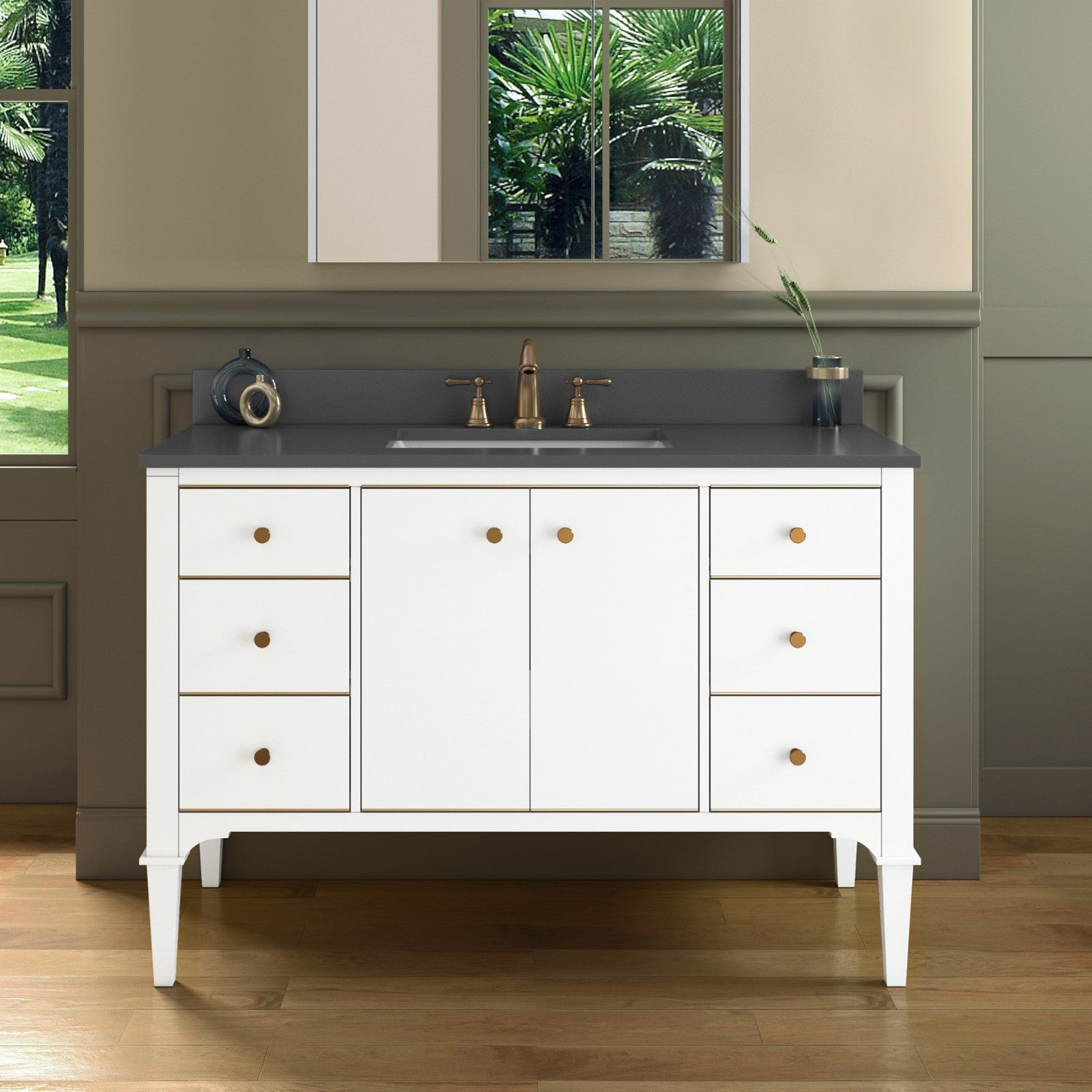 WOODBRIDGE Roma 49"x22"x38" Solid Wood Bath Vanity in White with Gold Hardware and Dark Gray Engineered Stone Composite vanity top with 3 Pre-Drilled Holes, Roma-4821-White+DGVT4922D-8