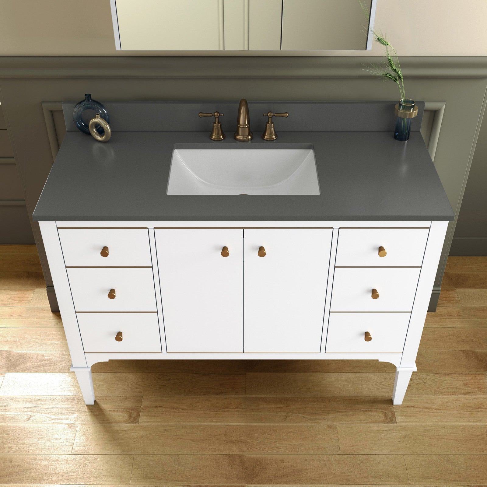 WOODBRIDGE Roma 49"x22"x38" Solid Wood Bath Vanity in White with Gold Hardware and Dark Gray Engineered Stone Composite vanity top with 3 Pre-Drilled Holes, Roma-4821-White+DGVT4922D-8